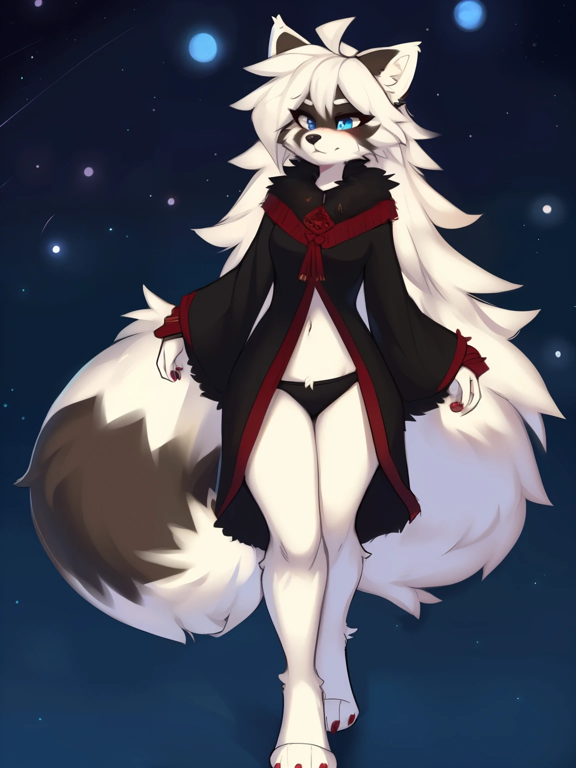((masterpiece, best quality)) by zackary911,zackary911, fluff-kevlar, by fluff-kevlar. raccoon anthro, mommy female white fur. white hair. one character, blue eyes, furry female, female, fluffy fur, big fluffy tail, fluffy fur neck, long hair, black poncho, fluffy fur, full body. full height, serious face, night background