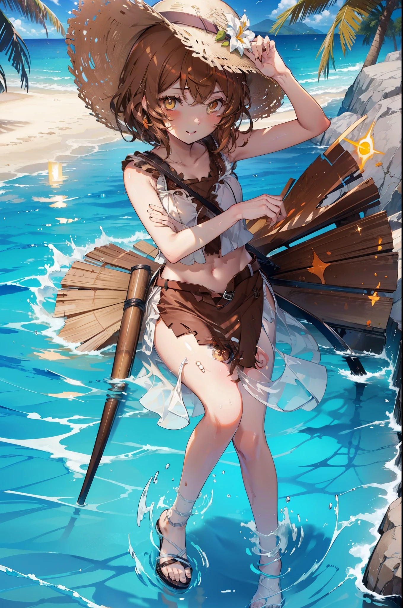 Lililukarde, Liliruka gets burned, (brown eyes:1.7), brown hair,short hair, (small :1.2), short hair,happy smile, smile, open your mouth,big straw hat,white sleeveless dress,bare arms,put both arms behind one's back,long skirt,Cute Sandals,Looking up from bottom to top,Light of the sun,Palm tree,Breaking the sandy beach looking at viewer,
break outdoors, beach
break (masterpiece:1.2), highest quality, High resolution, unity 8k wallpaper, (figure:0.8), (detailed and beautiful eyes:1.6), highly detailed face, perfect lighting, Very detailed CG, (perfect hands, perfect ),