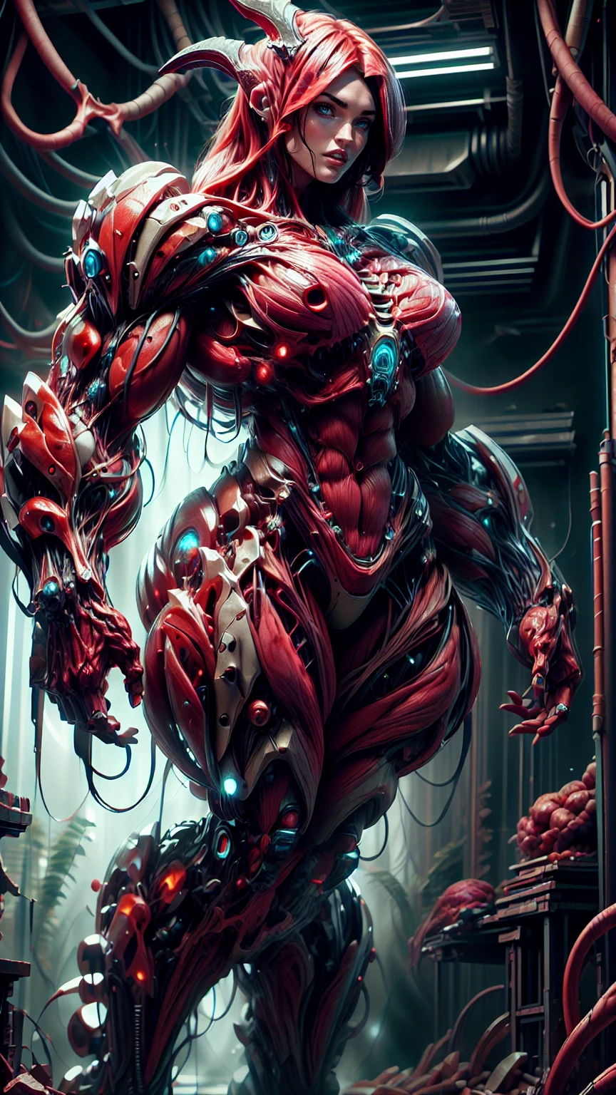 Cinematic, clear facial features and insanely detailed, the image captures the essence of (1 girl), (megan fox:1.25), (long red hair), (carnage skinless physique:1.25), (1 super muscular undead skinless succubus with gigantic horns:1.25), (covered in red necrotic rotting skinless muscle:1.25), (exposed muscles & veins everywhere:1.25), (perfect fingers:1.25) (full body pose:1.25). The color grading is beautifully done, enhancing the overall cinematic feel. Unreal Engine makes her appearance even more mesmerizing. With depth of field (DOF), every detail is focused and accentuated, drawing attention to her eyes and hair. Peak image resolution utilizing super-resolution technology ensures pixel perfection. Cinematic lighting enhances her aura, while anti-aliasing techniques like FXAA and TXAA keep the edges smooth and clean. Adding realism to the muscular bio-mecha succubus , RTX technology enables ray tracing. Additionally, SSAO (Screen Space Ambient Occlusion) gives depth and realism to the scene, the girl's presence even more convincing. In the post-processing and post-production stages, tone mapping enhances the colors, creating a captivating visual experience. The integration of CGI (Computer-Generated Imagery) and VFX (Visual Effects brings out her demonic features seamlessly . Incredible level of detail, with intricate elements meticulously crafted, the artwork hyper maximalist and hyper-realistic. Volumetric effects add depth and dimension, with unparalleled photorealism. 8k resolution rendering ensures super detailed visuals. The volumetric lighting adds a touch of magic, highlighting her beauty and aura in an otherworldly way. High Dynamic Range (HDR) tech makes the colors pop, adding richness to the overall composition. Ultimately, this artwork presents an unreal, yet stunningly real portrayal of an incredibly beautiful bio-mecha succubus girl. The sharp focus ensures that every feature is crisply defined, creating a captivating presence. (girl face:1.45)