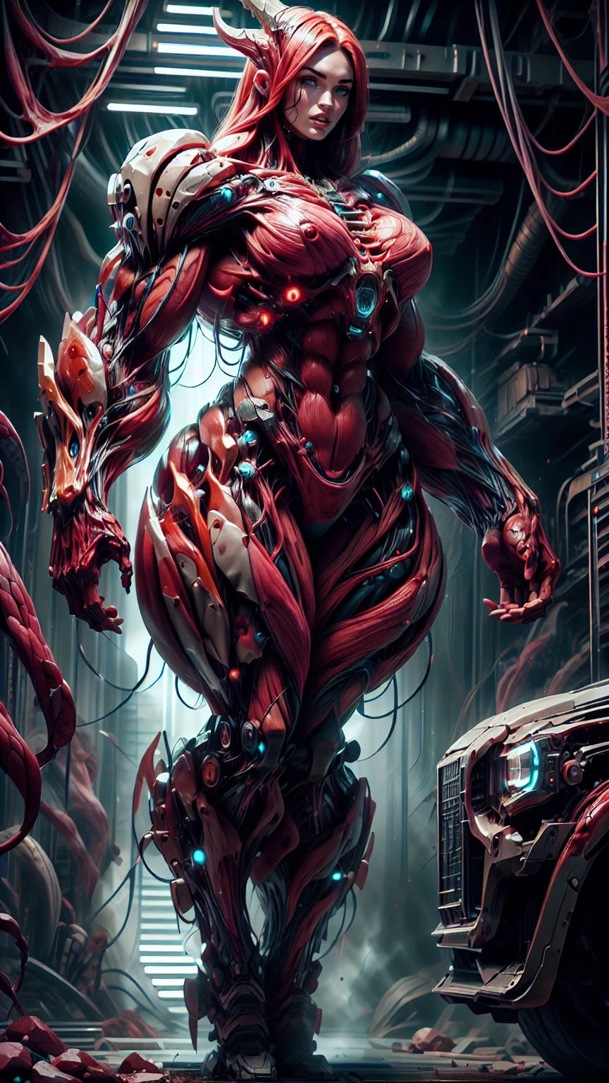 Cinematic, clear facial features and insanely detailed, the image captures the essence of (1 girl), (megan fox:1.25), (long red hair), (carnage skinless physique:1.25), (1 super muscular undead skinless succubus with gigantic horns:1.25), (covered in red necrotic rotting skinless muscle:1.25), (exposed muscles & veins everywhere:1.25), (perfect fingers:1.25) (full body pose:1.25). The color grading is beautifully done, enhancing the overall cinematic feel. Unreal Engine makes her appearance even more mesmerizing. With depth of field (DOF), every detail is focused and accentuated, drawing attention to her eyes and hair. Peak image resolution utilizing super-resolution technology ensures pixel perfection. Cinematic lighting enhances her aura, while anti-aliasing techniques like FXAA and TXAA keep the edges smooth and clean. Adding realism to the muscular bio-mecha succubus , RTX technology enables ray tracing. Additionally, SSAO (Screen Space Ambient Occlusion) gives depth and realism to the scene, the girl's presence even more convincing. In the post-processing and post-production stages, tone mapping enhances the colors, creating a captivating visual experience. The integration of CGI (Computer-Generated Imagery) and VFX (Visual Effects brings out her demonic features seamlessly . Incredible level of detail, with intricate elements meticulously crafted, the artwork hyper maximalist and hyper-realistic. Volumetric effects add depth and dimension, with unparalleled photorealism. 8k resolution rendering ensures super detailed visuals. The volumetric lighting adds a touch of magic, highlighting her beauty and aura in an otherworldly way. High Dynamic Range (HDR) tech makes the colors pop, adding richness to the overall composition. Ultimately, this artwork presents an unreal, yet stunningly real portrayal of an incredibly beautiful bio-mecha succubus girl. The sharp focus ensures that every feature is crisply defined, creating a captivating presence. (girl face:1.45)