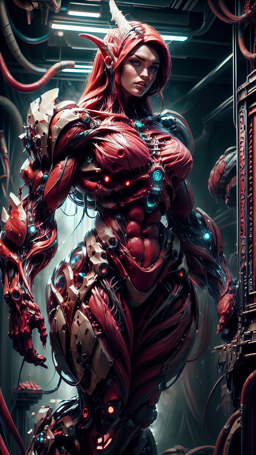 Cinematic, clear facial features and insanely detailed, the image captures the essence of (1 girl), (megan fox:1.25), (long red hair), (carnage skinless physique:1.25), (1 super muscular undead skinless succubus with gigantic horns:1.25), (covered in red necrotic rotting skinless muscle:1.25), (exposed muscles & veins everywhere:1.25), (perfect fingers:1.25) (full body pose:1.25). The color grading is beautifully done, enhancing the overall cinematic feel. Unreal Engine makes her appearance even more mesmerizing. With depth of field (DOF), every detail is focused and accentuated, drawing attention to her eyes and hair. Peak image resolution utilizing super-resolution technology ensures pixel perfection. Cinematic lighting enhances her aura, while anti-aliasing techniques like FXAA and TXAA keep the edges smooth and clean. Adding realism to the muscular bio-mecha succubus , RTX technology enables ray tracing. Additionally, SSAO (Screen Space Ambient Occlusion) gives depth and realism to the scene, the girl's presence even more convincing. In the post-processing and post-production stages, tone mapping enhances the colors, creating a captivating visual experience. The integration of CGI (Computer-Generated Imagery) and VFX (Visual Effects brings out her demonic features seamlessly . Incredible level of detail, with intricate elements meticulously crafted, the artwork hyper maximalist and hyper-realistic. Volumetric effects add depth and dimension, with unparalleled photorealism. 8k resolution rendering ensures super detailed visuals. The volumetric lighting adds a touch of magic, highlighting her beauty and aura in an otherworldly way. High Dynamic Range (HDR) tech makes the colors pop, adding richness to the overall composition. Ultimately, this artwork presents an unreal, yet stunningly real portrayal of an incredibly beautiful bio-mecha succubus girl. The sharp focus ensures that every feature is crisply defined, creating a captivating presence. (girl face:1.45)