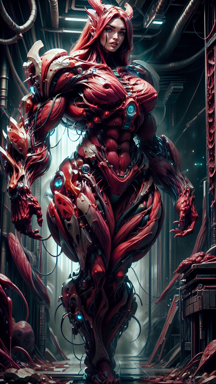 Cinematic, clear facial features and insanely detailed, the image captures the essence of (1 girl), (megan fox:1.25), (long red hair), (carnage skinless physique:1.25), (1 super muscular undead skinless succubus with gigantic horns:1.25), (covered in red necrotic rotting skinless muscle:1.25), (exposed muscles & veins everywhere:1.25), (perfect fingers:1.25) (full body pose:1.25). The color grading is beautifully done, enhancing the overall cinematic feel. Unreal Engine makes her appearance even more mesmerizing. With depth of field (DOF), every detail is focused and accentuated, drawing attention to her eyes and hair. Peak image resolution utilizing super-resolution technology ensures pixel perfection. Cinematic lighting enhances her aura, while anti-aliasing techniques like FXAA and TXAA keep the edges smooth and clean. Adding realism to the muscular bio-mecha succubus , RTX technology enables ray tracing. Additionally, SSAO (Screen Space Ambient Occlusion) gives depth and realism to the scene, the girl's presence even more convincing. In the post-processing and post-production stages, tone mapping enhances the colors, creating a captivating visual experience. The integration of CGI (Computer-Generated Imagery) and VFX (Visual Effects brings out her demonic features seamlessly . Incredible level of detail, with intricate elements meticulously crafted, the artwork hyper maximalist and hyper-realistic. Volumetric effects add depth and dimension, with unparalleled photorealism. 8k resolution rendering ensures super detailed visuals. The volumetric lighting adds a touch of magic, highlighting her beauty and aura in an otherworldly way. High Dynamic Range (HDR) tech makes the colors pop, adding richness to the overall composition. Ultimately, this artwork presents an unreal, yet stunningly real portrayal of an incredibly beautiful bio-mecha succubus girl. The sharp focus ensures that every feature is crisply defined, creating a captivating presence. (girl face:1.45)