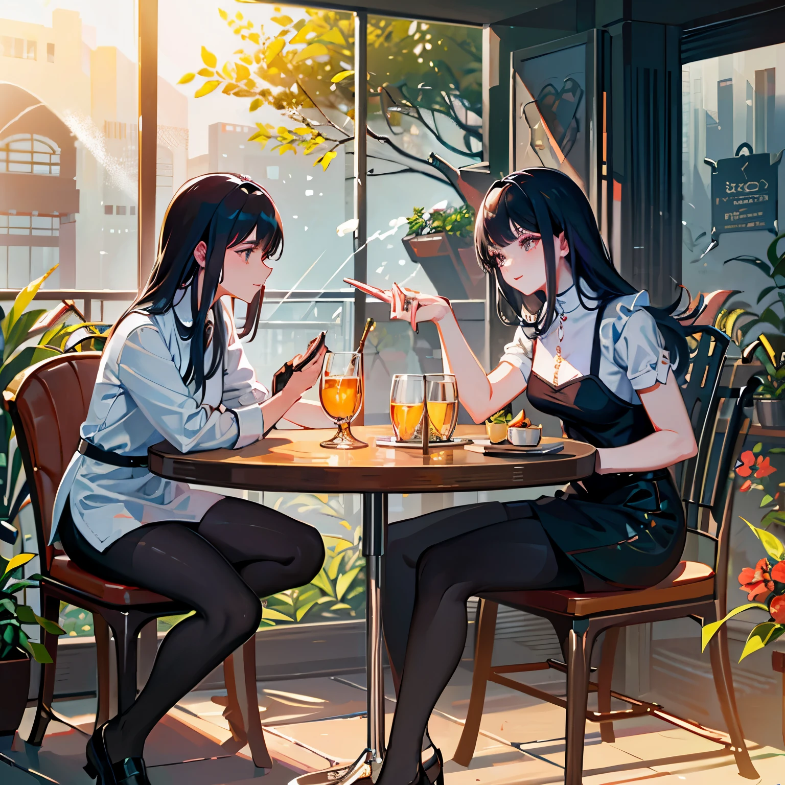 Anime girl sitting at a table with a glass of beer and a cell phone ...