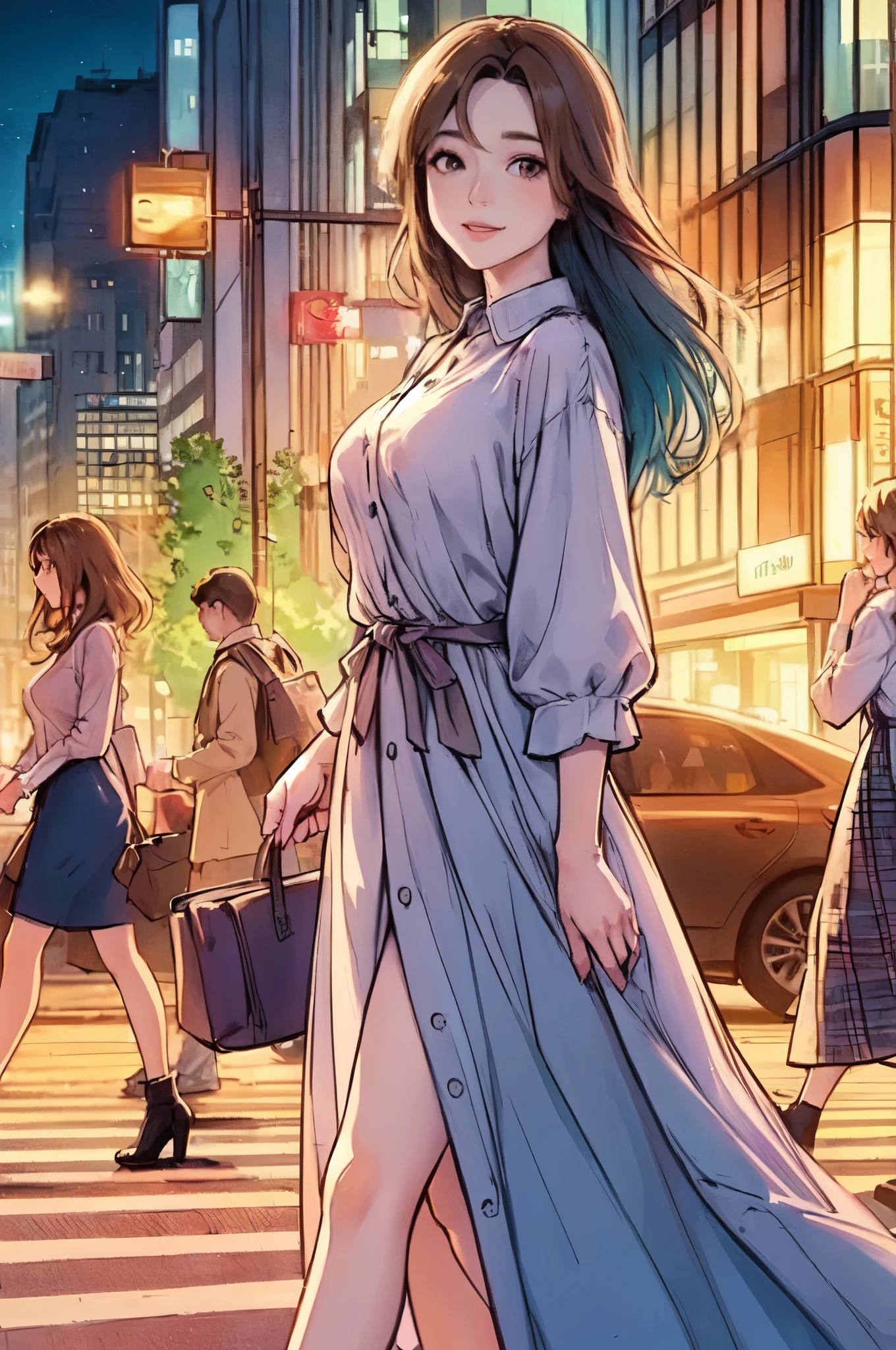 1lady solo, (strolling through city), (shirt dress) stylish, mature female, /(light brown hair/) (gradient hair), kind smile, (masterpiece best quality:1.2) delicate illustration ultra-detailed, large breasts BREAK (holding designer's bag) BREAK (luxurious downtown street) outdoors, night, cityscape, detailed background