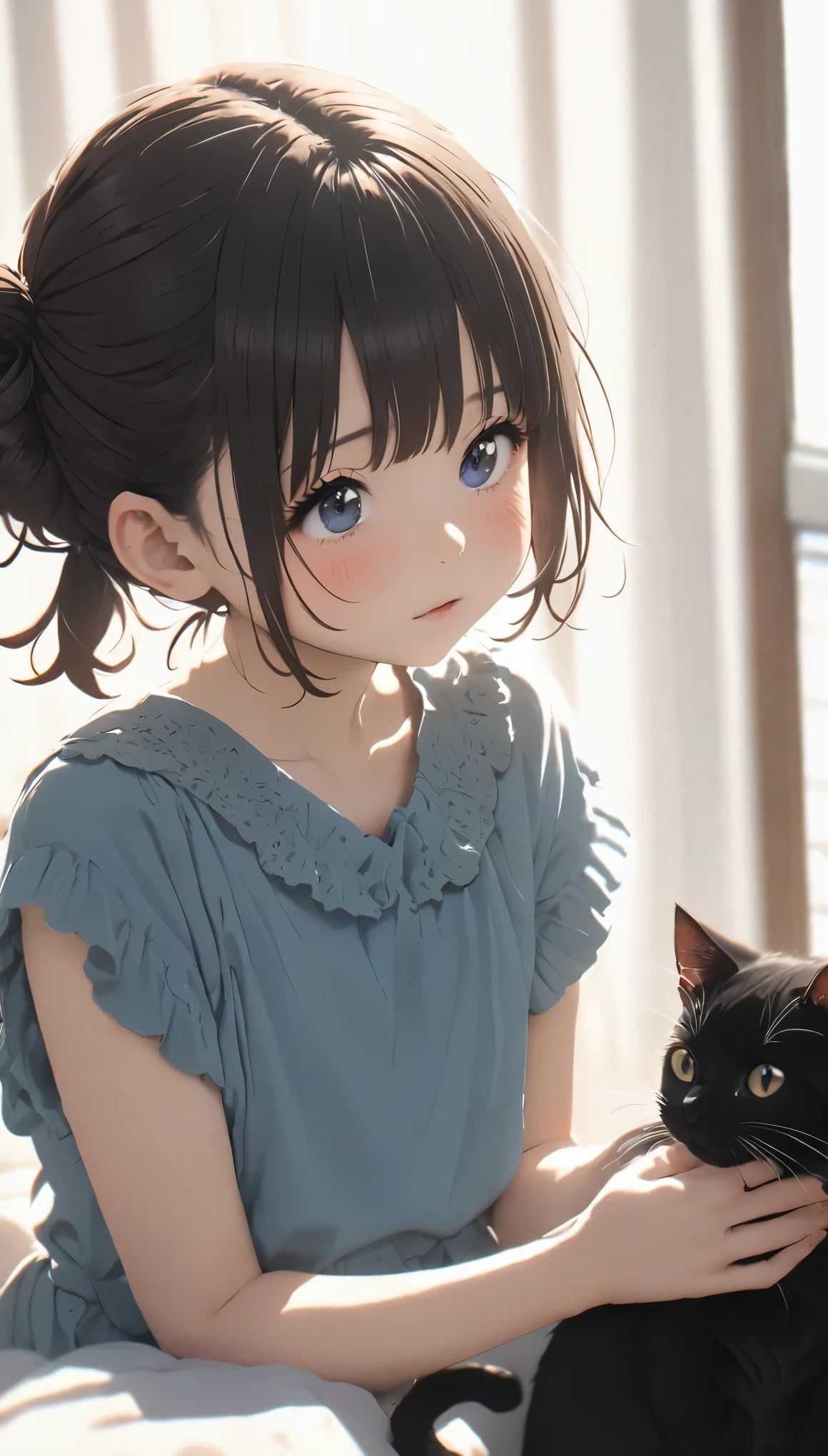 highest quality、Black catを抱く女の子、cute *********** girl、Bun hair with brown hair tied、Black cat、natural look、long shot、Natural light