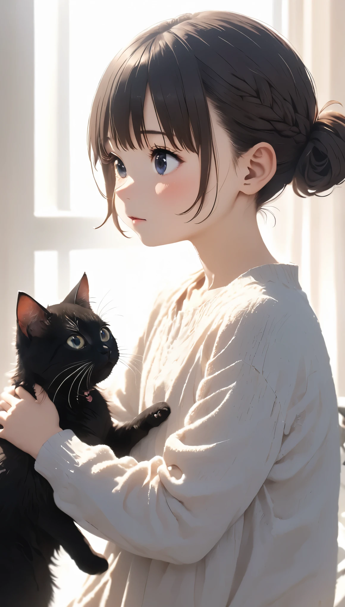 highest quality、Black catを抱く***、cute 14 year old girl、Bun hair with brown hair tied、Black cat、natural look、long shot、Natural light