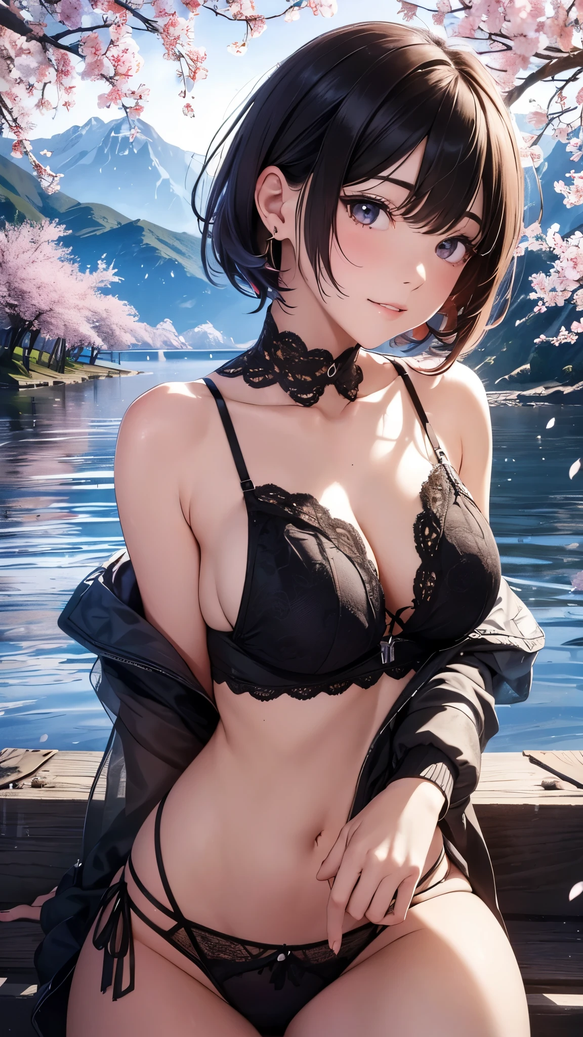 (((ultra high definition))), (((Naoha Kiritani))), masterpiece, best quality, detailed, (1 girl), alone, (超detailed黑眼睛, short hair, permanent: 1.2), Be close to the audience, (Erotic lingerie), seductive smile, (Plump breasts, attractive body :1.2), (Put your arms behind your back), water, Sunset, (earring), (cherry blossoms in bloom), Snowy mountains and lake in the background,