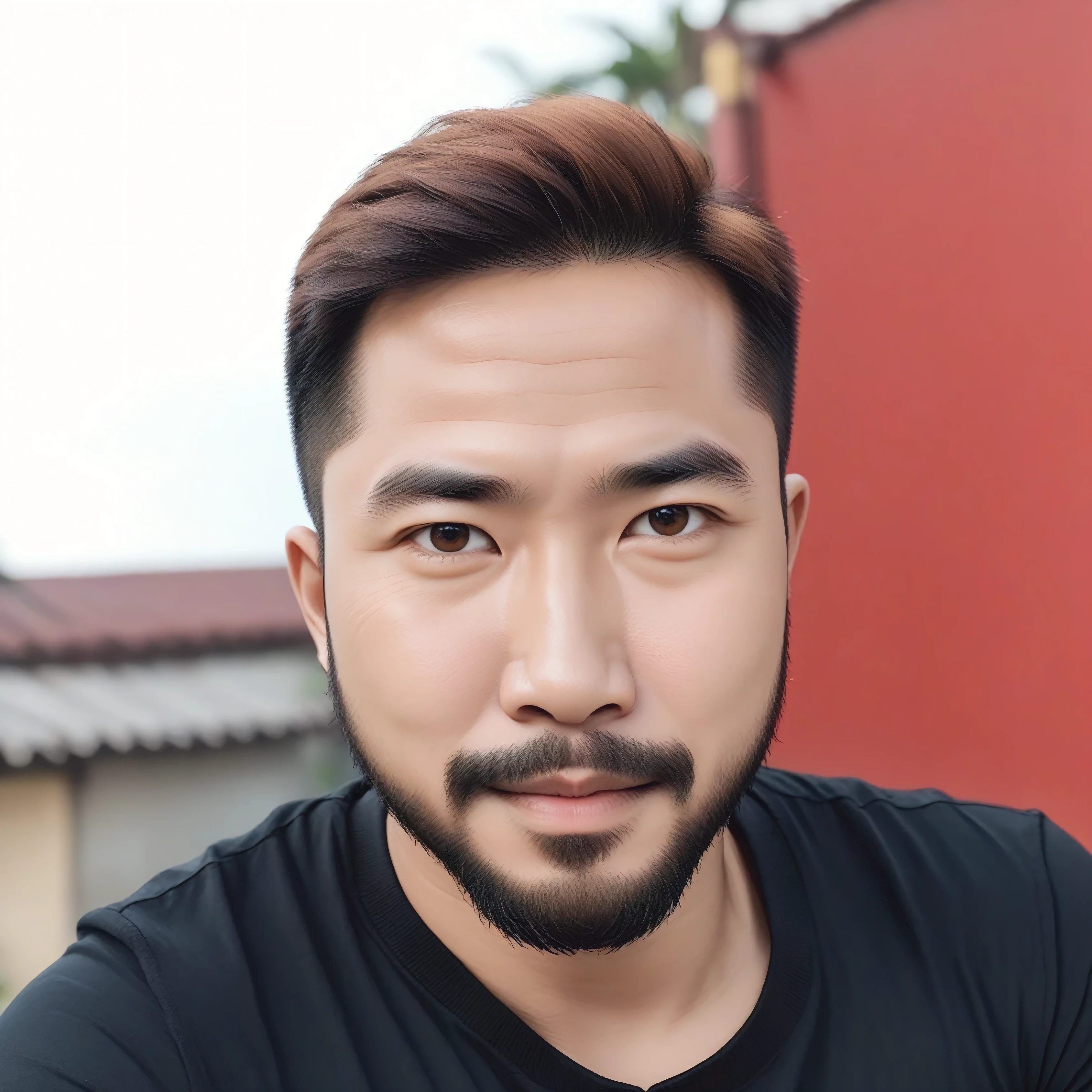 There was a man with a beard and a black shirt.., Southeast Asians with round faces, 8K selfie photos, have a small beard, Male, age 4 0 years, 2 7 years, Age 2 9 years, 2 8 years, with a serious expression, short beard, (38 years old), have short hair, 38 years old