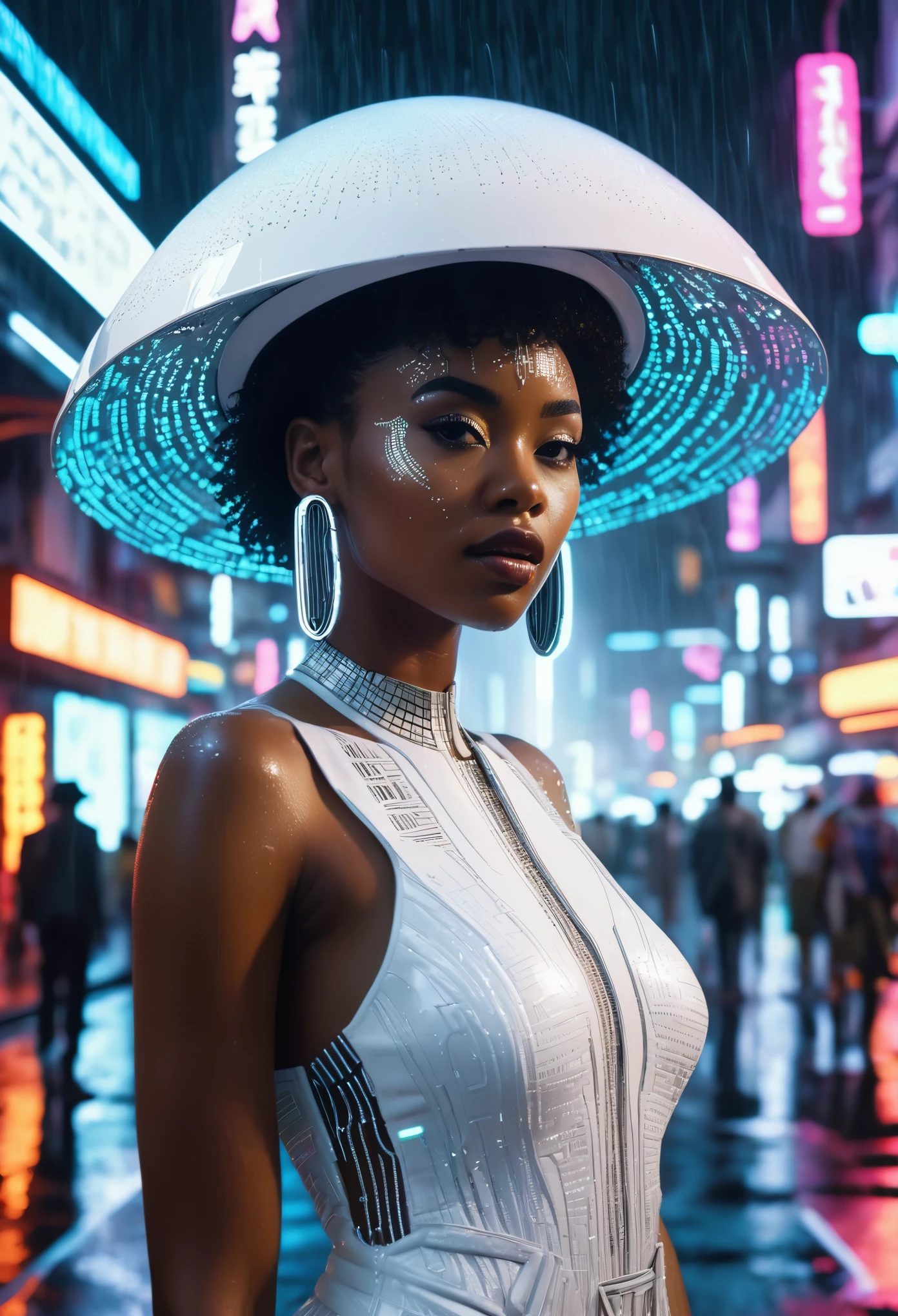 Black woman dressed in an African designed all white dress with a white hat over her head, standing in the middle of the cyber punk city, night time with neon city lights shining a medium light in the scene, rain drizzling, wet road surface with reflections of the black woman and city infrastructure, a beautiful sci-fi Afro futuristic cinematic scene that captures the essence of imagination and wonder, highly detailed and ultra HD images shot on 70mm IMAX cameras. 