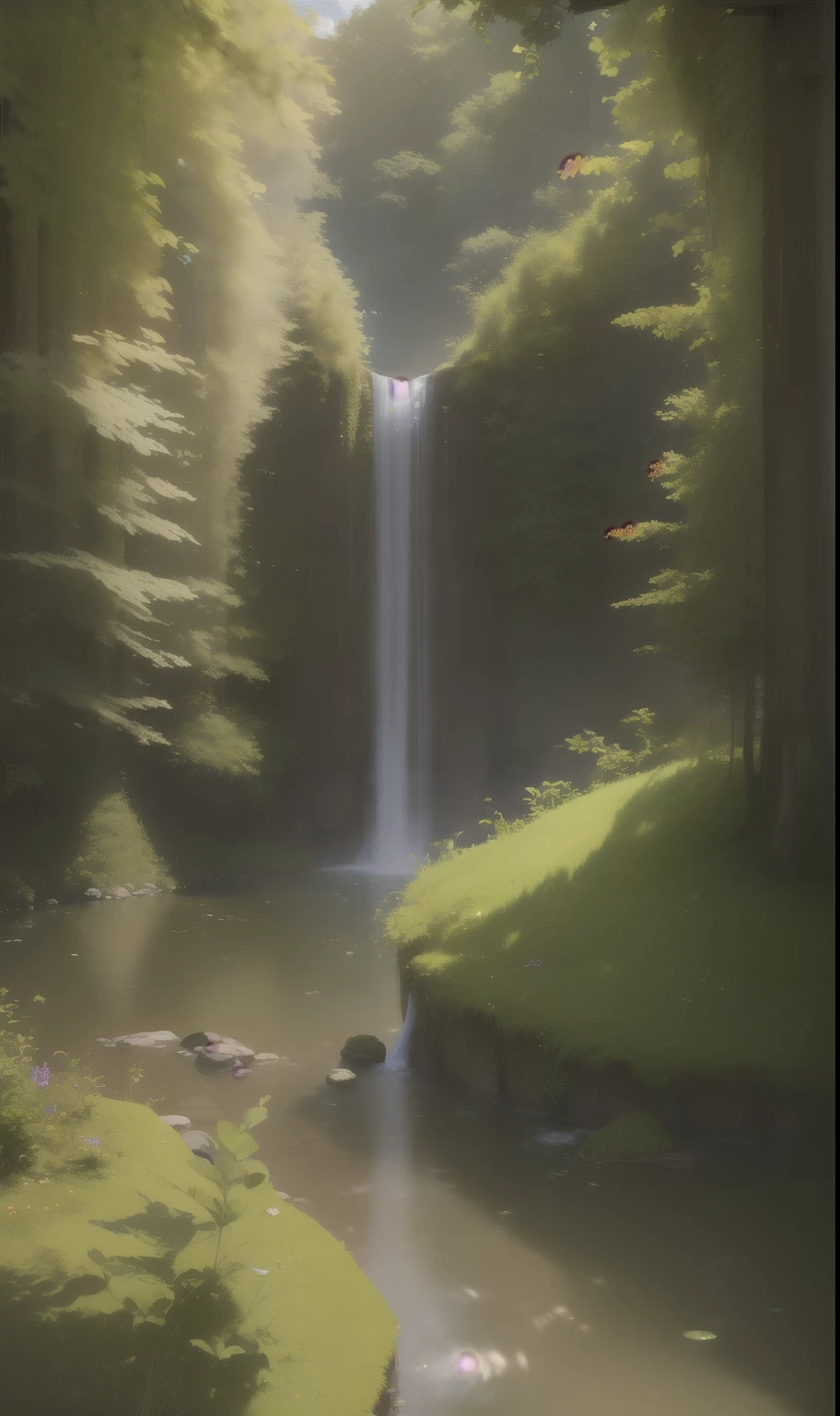 (masterpiece, best quality, high quality, highres:1.4), extremely detailed, ambient soft lighting, 4K,
outdoors, nature, forest, trees, grass, plants, flowers, river, caustics, water flow, ripples, (waterfall:1.2), pond, jungle, lush leaves, fern,