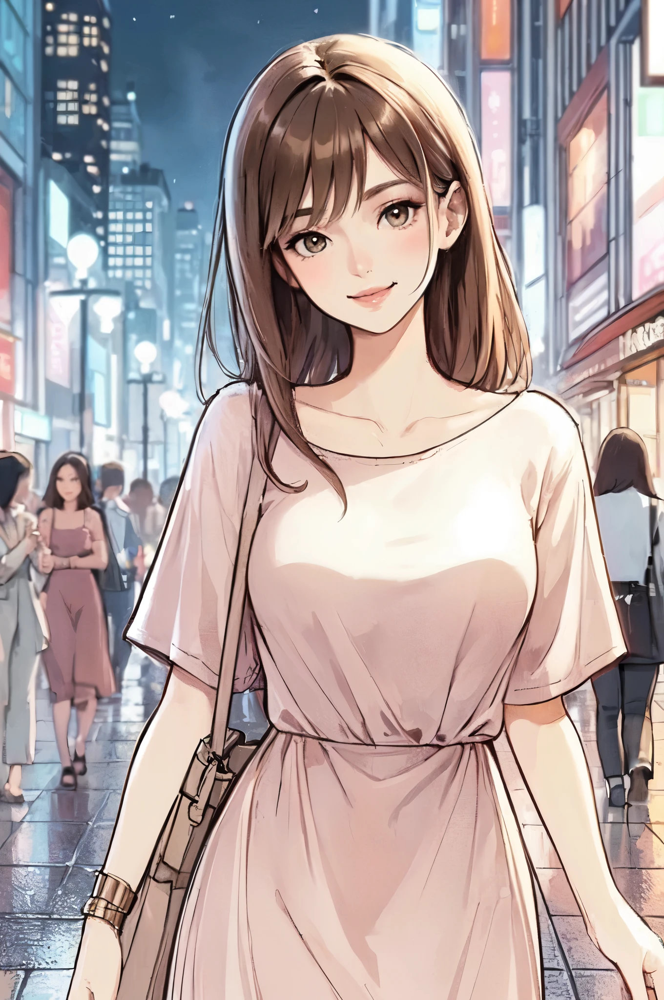 1lady solo, (strolling through city), (stylish outfit), mature female, /(light brown hair/), kind smile, (masterpiece best quality:1.2) delicate illustration ultra-detailed, large breasts BREAK (holding designer's bag) BREAK (luxurious downtown street) outdoors, night, cityscape, detailed background