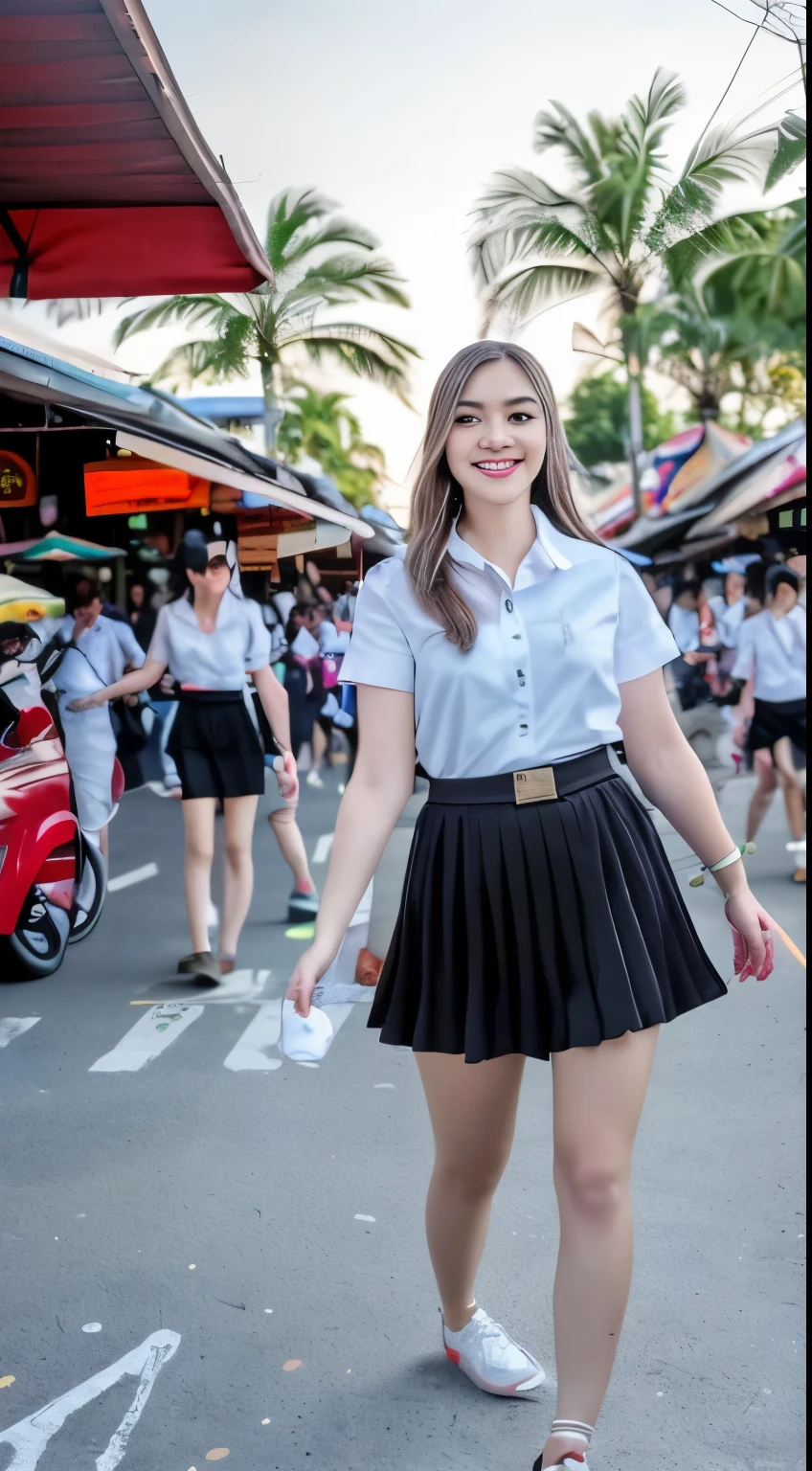 (best quality,4k,8k,highres,masterpiece:1.2),ultra-detailed,(realistic,photorealistic,photo-realistic:1.37),teenage woman,student uniform,beautiful face,detailed eyes,detailed lips,mini black skirt,white and smooth skin,shopping street,Thailand,medium:illustration,vibrant colors,warm lighting,pleasant atmosphere,cityscape,distance view,hustle and bustle of the crowd,street market,neon lights,street food stalls,colorful storefronts,lively energy,lots of pedestrians,thai culture,traditional thai ornaments,cultural diversity,juxtaposition of modern and traditional elements,palm trees in the background