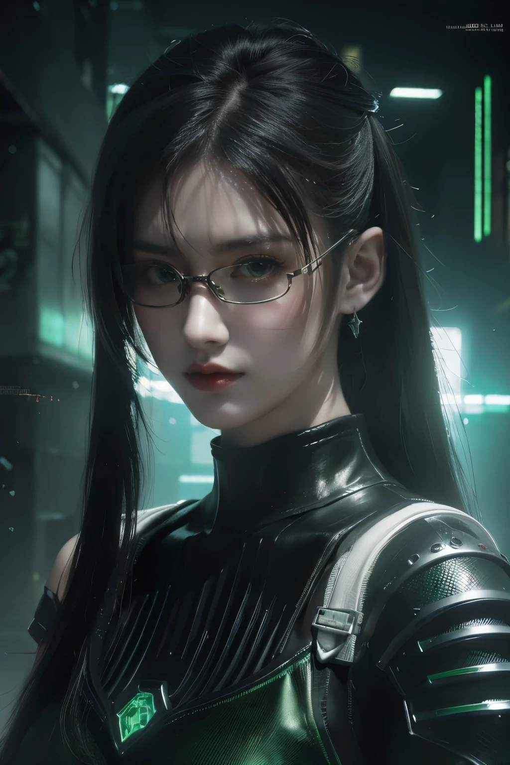 tmasterpiece,Best quality,A high resolution,8K,(Portrait photograph:1.5),(ROriginal photo),real photograph,digital photography,(Combination of cyberpunk and fantasy style),(Female soldier),20 year old girl,long ponytail hair,By bangs,black color hair,(Red eyeigchest, accessories,Redlip,(He frowned,Sneer),(Cyberpunk combined with fantasy style clothing,Openwork design,joint armor,Hologram glasses,Combat uniforms,White clothes,green color),exposing your navel,Photo pose,Realisticstyle,white backgrounid,oc render reflection texture