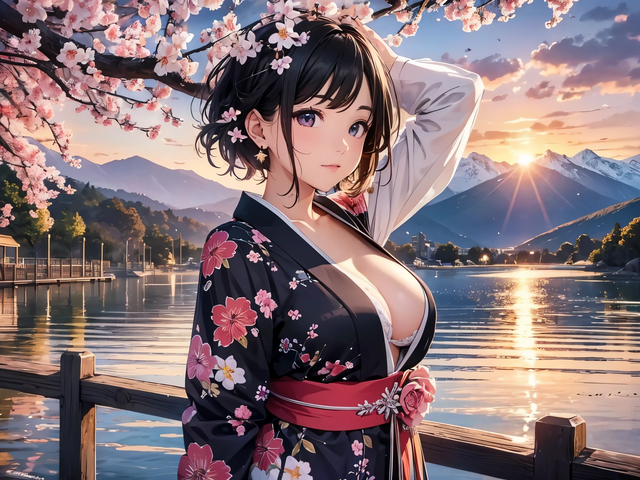 (((ultra high definition))), (((Naoha Kiritani))), masterpiece, best quality, detailed, (1 girl), alone, (超detailed黑眼睛, short hair, permanent: 1.2), Be close to the audience, (sexy kimono), (wet, Wet hair :1.2), smile, (Plump breasts, attractive body :1.2), (Put your arms behind your back), water, Sunset, (earring), (cherry blossoms in bloom), Snowy mountains and lake in the background,