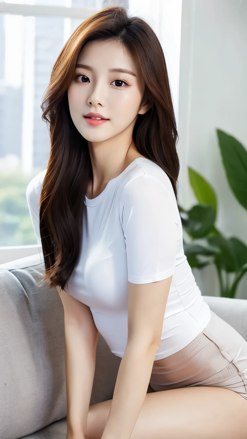 there is a woman that is posing for a picture in a room, smooth white tight clothes suit, Gorgeous young Korean woman, wearing tight simple clothes, 2 4 year old female model, wearing tight shirt, Korean girl, dressed in a white t-shirt, Tight shirt, photo of slim girl, beautiful Korean women, White top, Beautiful young Korean woman