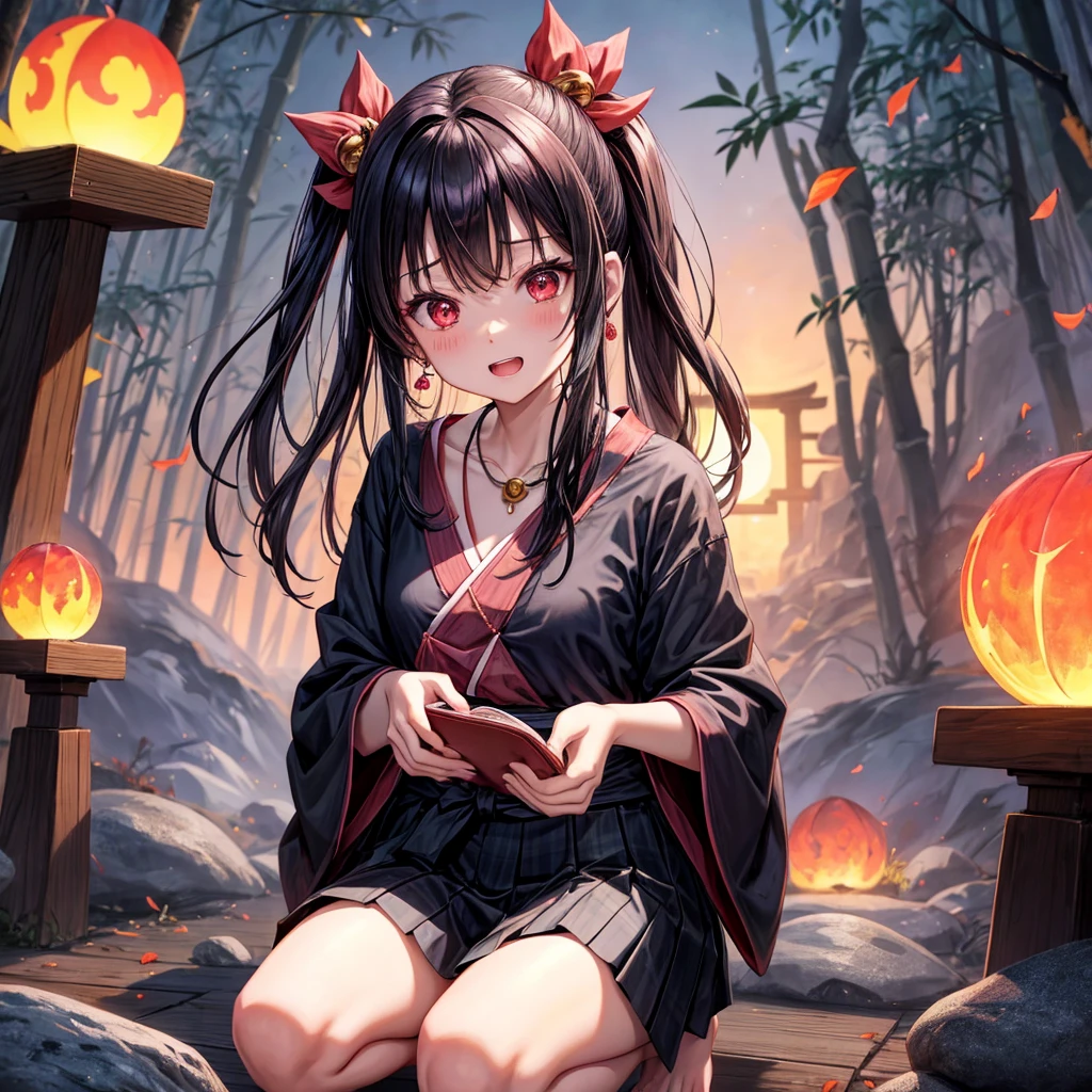 Pink-black hair、red eyes、one good looking girl、solo、anime、plaid mini skirt、black camisole、black t-shirt、kimono、wearing a ribbon、ribbon at waist、stone slabs are piled up、crystal earrings、jewelry necklace、Light and shadow、clock、universe、vine plant、petal、tilting one's face、teeth are visible、fire spirit、book of magic、Cube、bamboo forest、lava、Plum blossom、squatting down、Have a kokeshi、moonlight