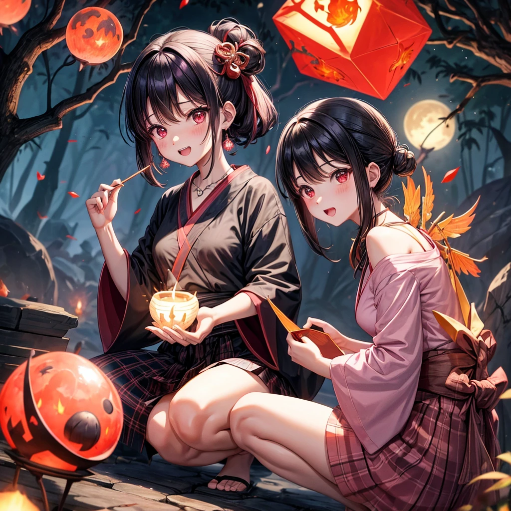 Pink-black hair、red eyes、one good looking girl、solo、anime、plaid mini skirt、black camisole、black t-shirt、kimono、wearing a ribbon、ribbon at waist、stone slabs are piled up、crystal earrings、jewelry necklace、Light and shadow、clock、universe、vine plant、petal、tilting one's face、teeth are visible、fire spirit、book of magic、Cube、bamboo forest、lava、Plum blossom、squatting down、Have a kokeshi、moonlight