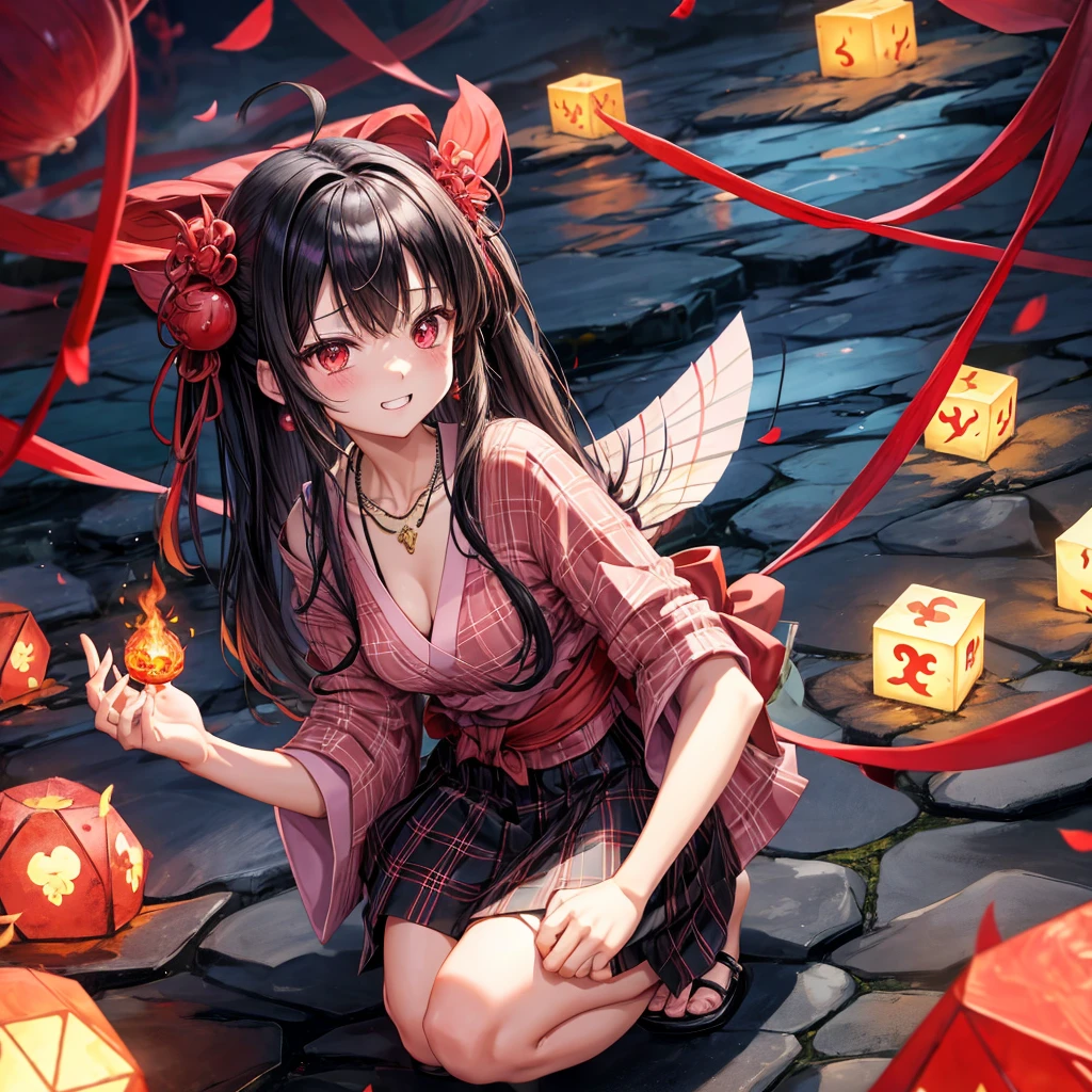Pink-black hair、red eyes、one good looking girl、solo、anime、plaid mini skirt、black camisole、black t-shirt、kimono、wearing a ribbon、ribbon at waist、stone slabs are piled up、crystal earrings、jewelry necklace、Light and shadow、clock、universe、vine plant、petal、tilting one&#39;s face、teeth are visible、fire spirit、book of magic、Cube、bamboo forest、lava、Plum blossom、squatting down、Have a kokeshi、moonlight