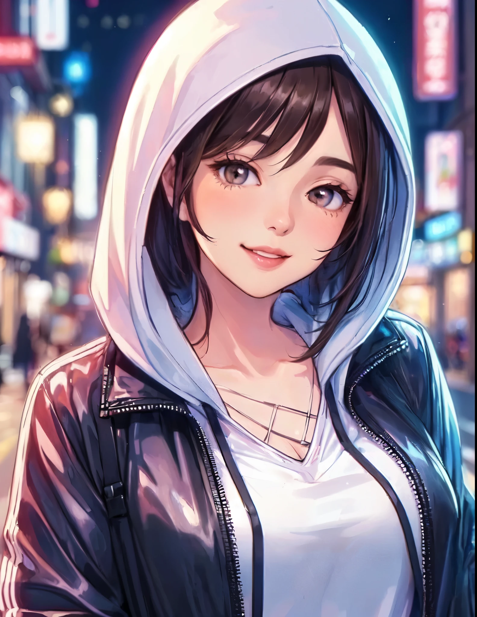 1lady solo, (strolling through city), (stylish outfit) (hoodie), mature female, /(dark brown hair/), blush kind smile, (teeth:0.8), (masterpiece best quality:1.2) delicate illustration ultra-detailed, large breasts BREAK (luxurious downtown street) outdoors, night, cityscape, detailed background