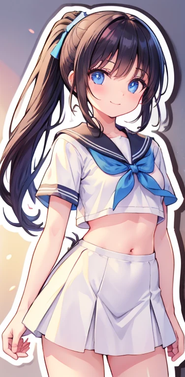 Realistic、1girl、black hair、blue eyes、open stance,(ponytail),(eye focus:1.3,cowboy shot),(gradient eyes:1.3), JK: 1.1,(sailor uniform
)、(light smile:1.3),cute face、,(tareme:1.3),(small breasts:1.3),