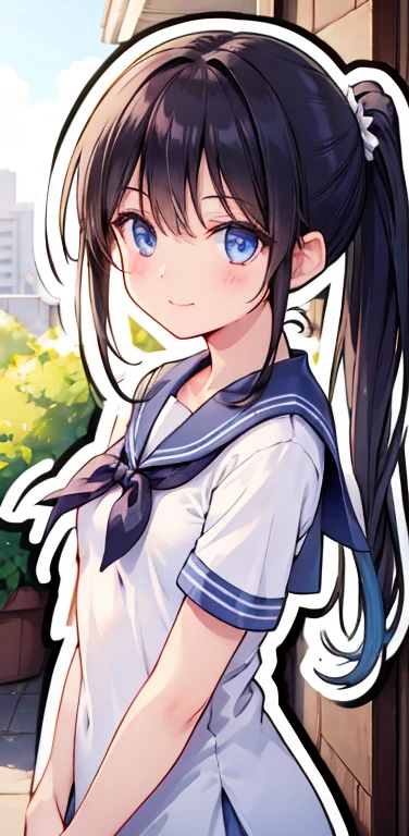 Realistic、1girl、black hair、blue eyes、open stance,(ponytail),(eye focus:1.3,cowboy shot),(gradient eyes:1.3), JK: 1.1,(sailor uniform
)、(light smile:1.3),cute face、,(tareme:1.3),(small breasts:1.3),