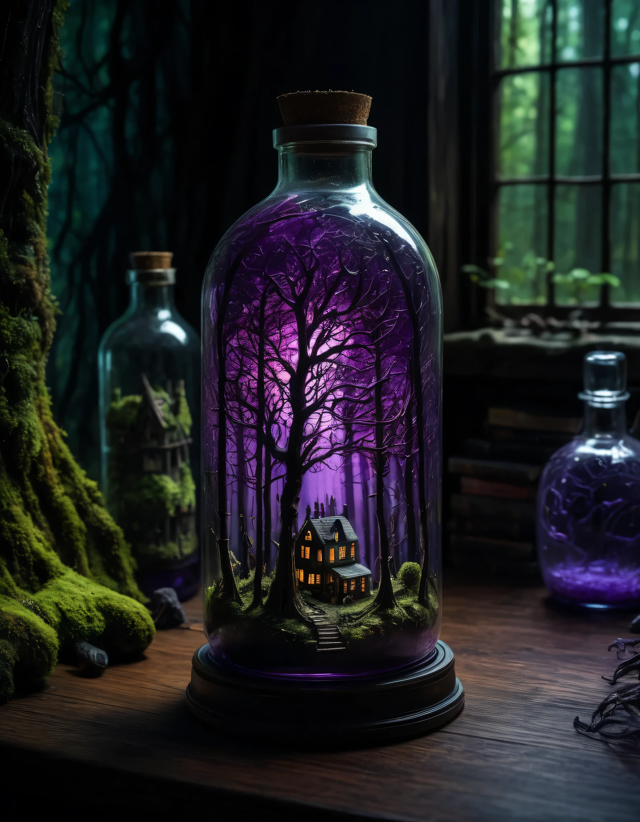 An intricate forest mini-town landscape trapped in a bottle, on a table, ((creepy)), dark aesthetic, spooky, vibrant colors forest background, epic composition, atmospheric-lighting, subsurface-scattering, (purple) (detailed high quality highres high saturation) vibrant colors