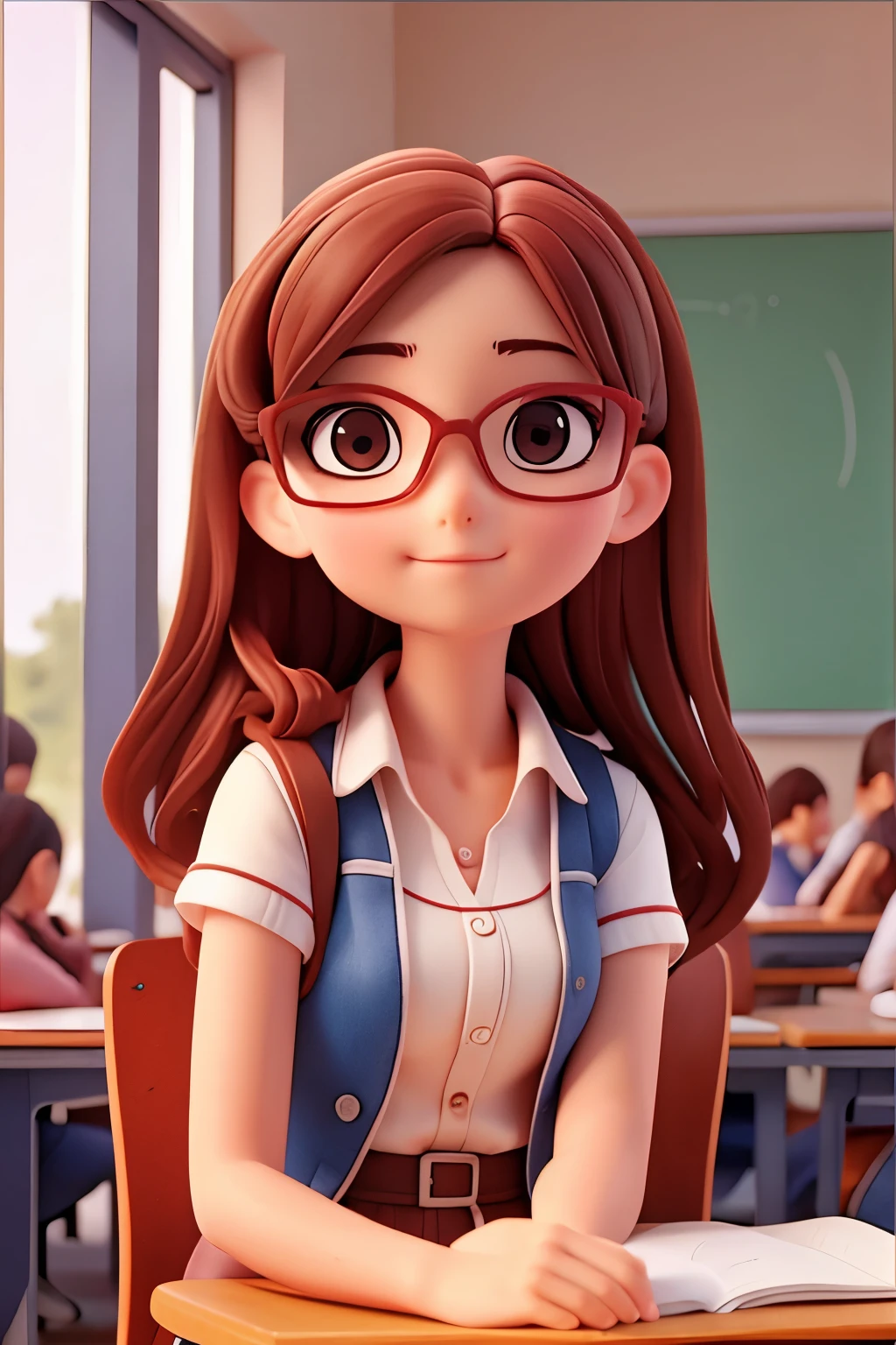 (Poster aspect ratio), (Protect eyesight), Female student sitting in classroom, look out the window, perfect face