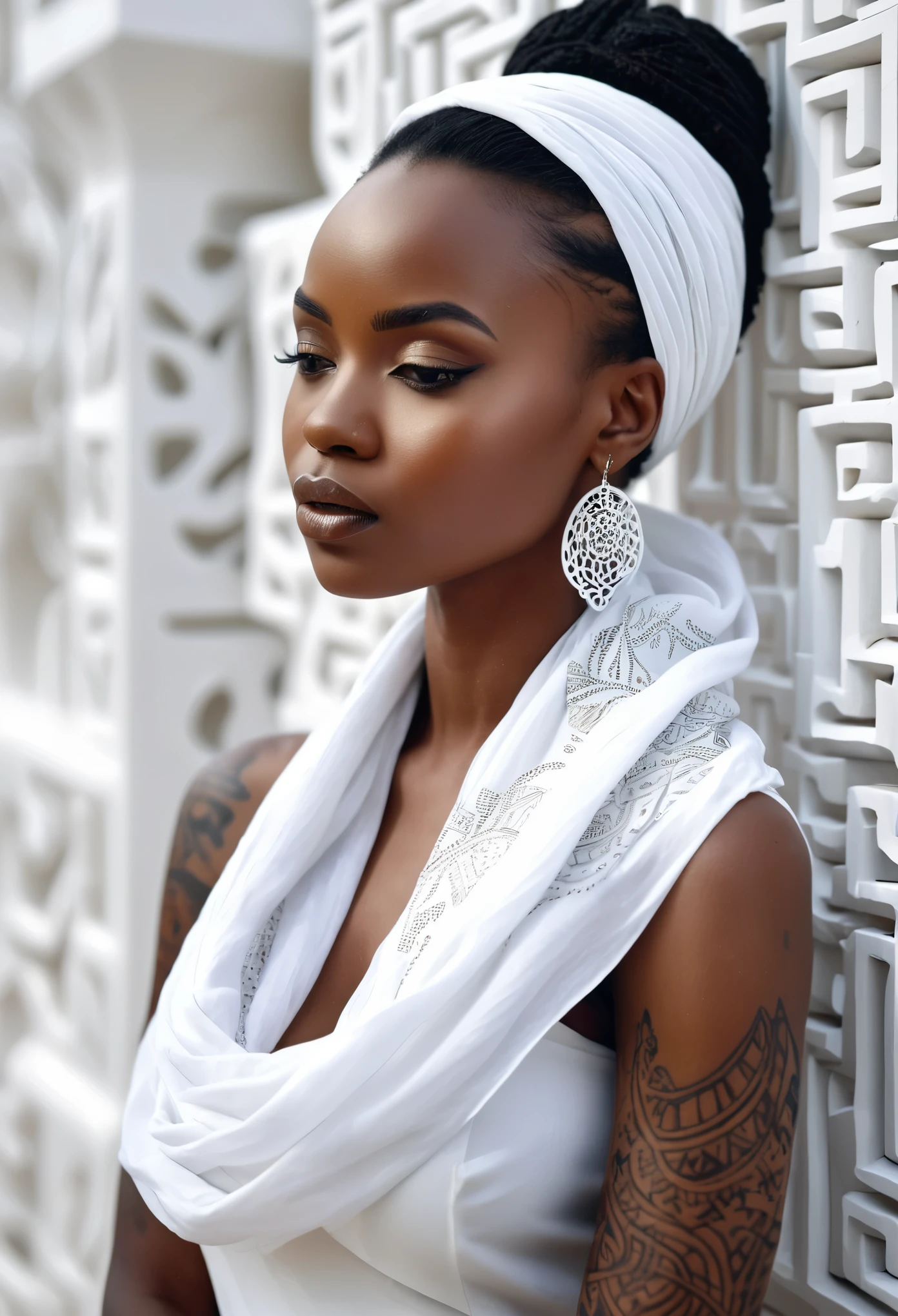 African woman dressed in a white dress and white scarf, with african designed tattoos on her face, a white maze sculpture wall in the background, ultra HD image, beautifully cinematic imagery, 