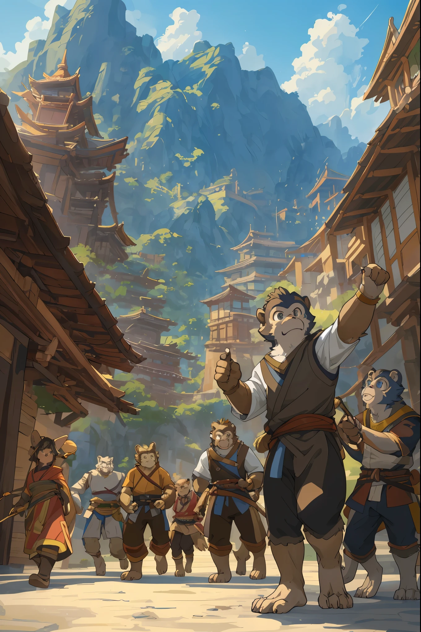 dynamic angle, top quality, best quality, High-quality illustrations, masterpiece, super high resolution, detailed background, detailed background, Monkey A Journey to the West, action, group shot:0.1, 6+boys, 6+girls, absurdres(highly detailed beautiful face and eyes)perfect anatomy, expression, good lighting, cinematic shadow(kemono, furry anthro),