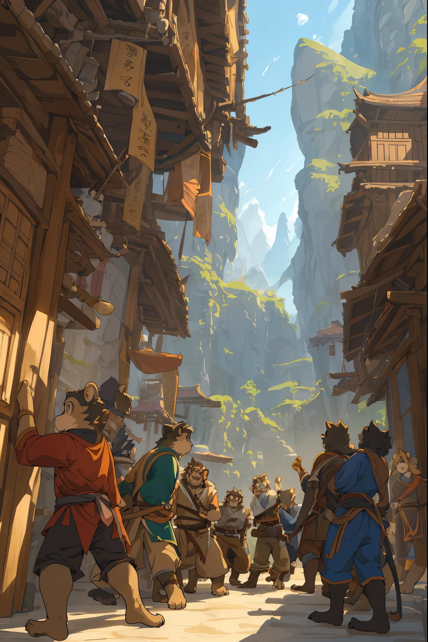 dynamic angle, top quality, best quality, High-quality illustrations, masterpiece, super high resolution, detailed background, detailed background, Monkey A Journey to the West, action, group shot:0.1, 6+boys, 6+girls, absurdres(highly detailed beautiful face and eyes)perfect anatomy, expression, good lighting, cinematic shadow(kemono, furry anthro),