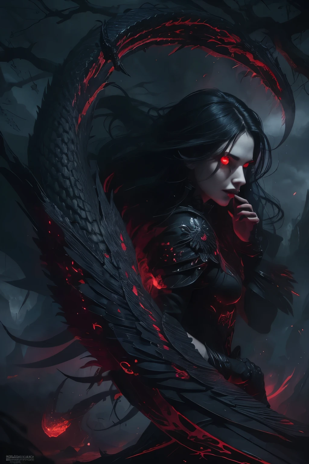 girl, glowing eyes, evil and scary, Blood red background, sneaks, claws, raven wings