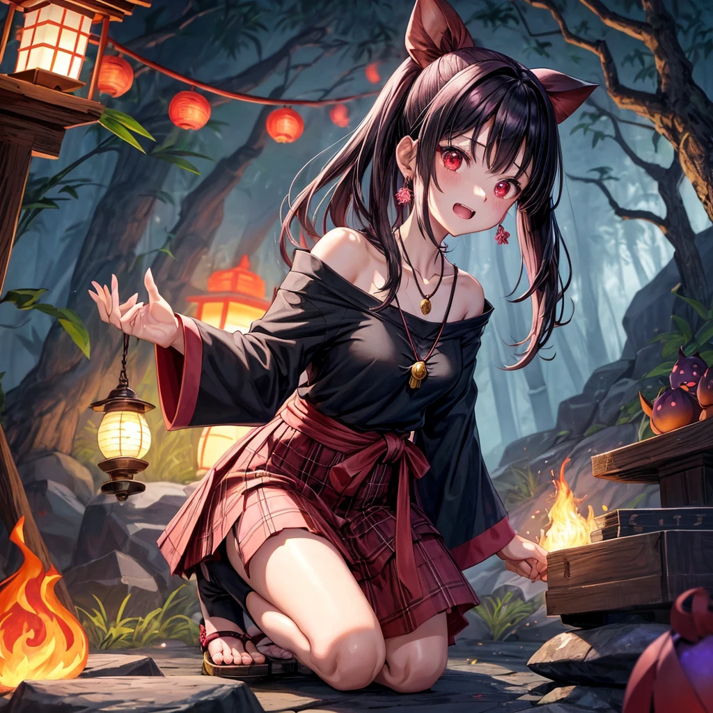 Pink-black hair、red eyes、one good looking girl、solo、anime、plaid mini skirt、black camisole、black t-shirt、kimono、wearing a ribbon、ribbon at waist、stone slabs are piled up、crystal earrings、jewelry necklace、Light and shadow、clock、universe、vine plant、petal、tilting one's face、teeth are visible、fire spirit、book of magic、Cube、bamboo forest、lava、Plum blossom、squatting down、Have a kokeshi、moonlight