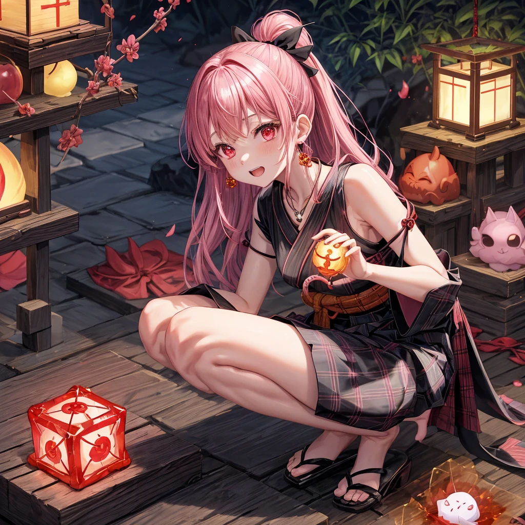 Pink-black hair、red eyes、one good looking girl、solo、anime、plaid mini skirt、black camisole、black t-shirt、kimono、wearing a ribbon、ribbon at waist、stone slabs are piled up、crystal earrings、jewelry necklace、Light and shadow、clock、universe、vine plant、petal、tilting one&#39;s face、teeth are visible、fire spirit、book of magic、Cube、bamboo forest、lava、Plum blossom、squatting down、Have a kokeshi、moonlight