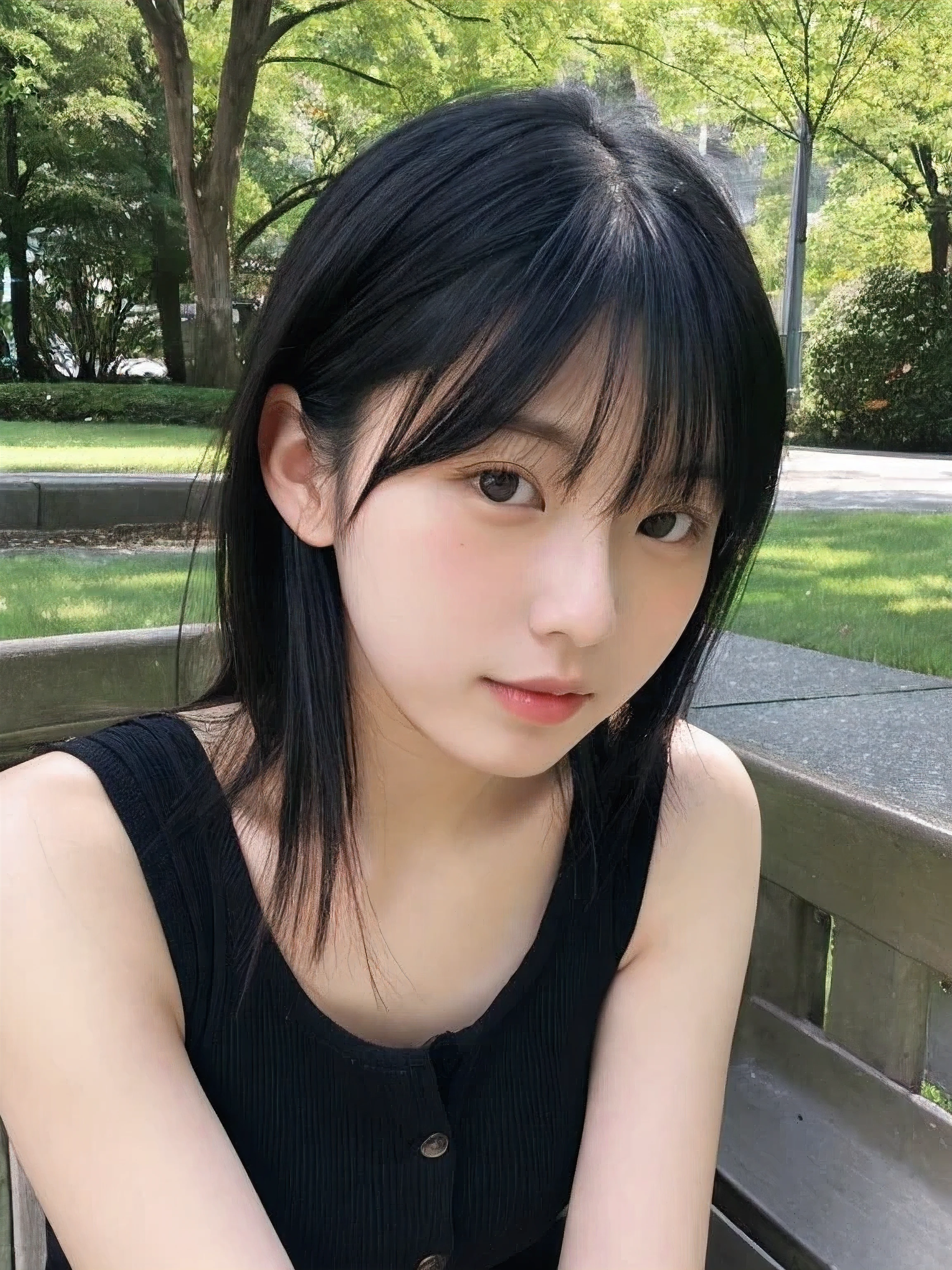 15 year old student、baby face、Childish、、huge tit、random pose、highest quality、超A high resolution、Photoreal、1 girl、huge breasts:1.2、swimsuit、black hair、long hair、micro bikini、全naked、naked、View from the front、small nose、The face of a high school student、
