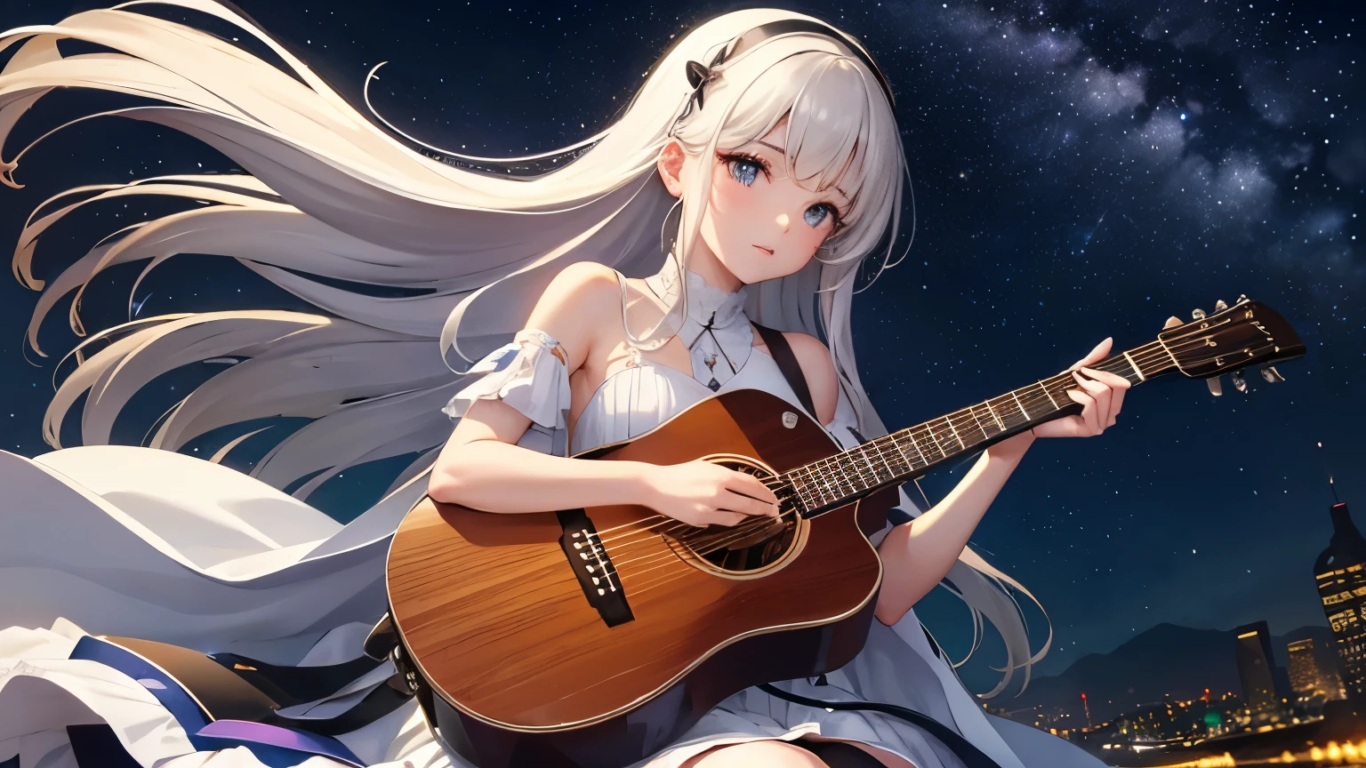 high resolution、fine、Beautiful girl playing acoustic guitar、１０generation、small breasts、white dress、long black hair、looking at the camera、Starry sky full of stars、Grasslands on high ground、City lights appear blurred in the distance
