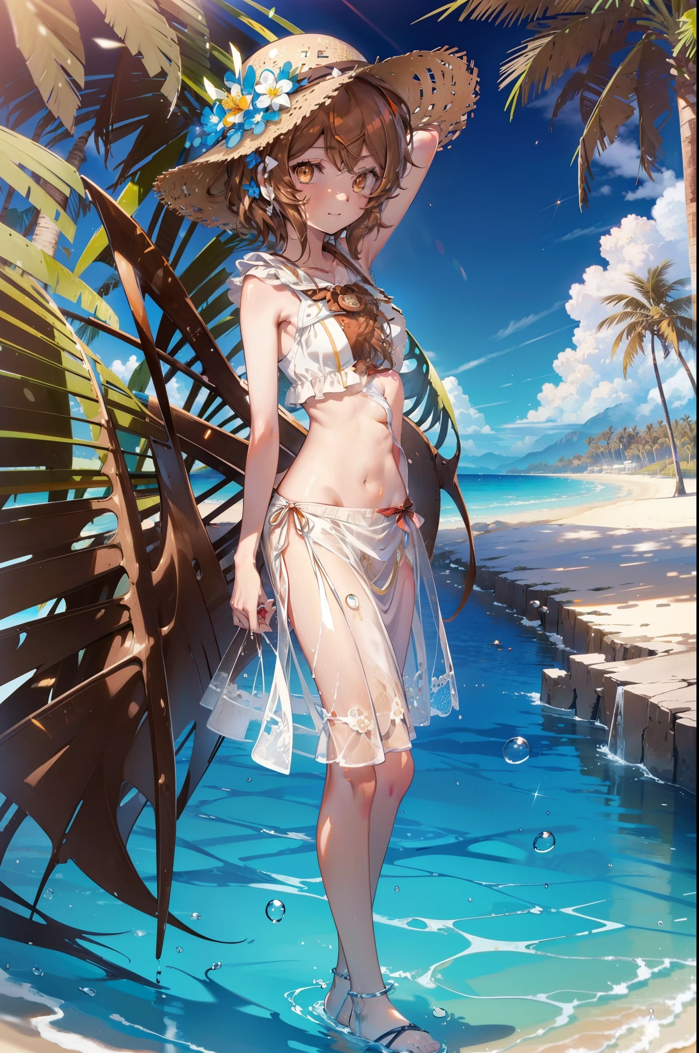 Lililukarde, Liliruka gets burned, (brown eyes:1.7), brown hair,short hair, (small breasts:1.2), short hair,happy smile, smile, open your mouth,big straw hat,white sleeveless dress,bare arms,put both arms behind one's back,long skirt,Cute Sandals,Looking up from bottom to top,Light of the sun,Palm tree,Breaking the sandy beach looking at viewer,
break outdoors, beach
break (masterpiece:1.2), highest quality, High resolution, unity 8k wallpaper, (figure:0.8), (detailed and beautiful eyes:1.6), highly detailed face, perfect lighting, Very detailed CG, (perfect hands, perfect anatomy),