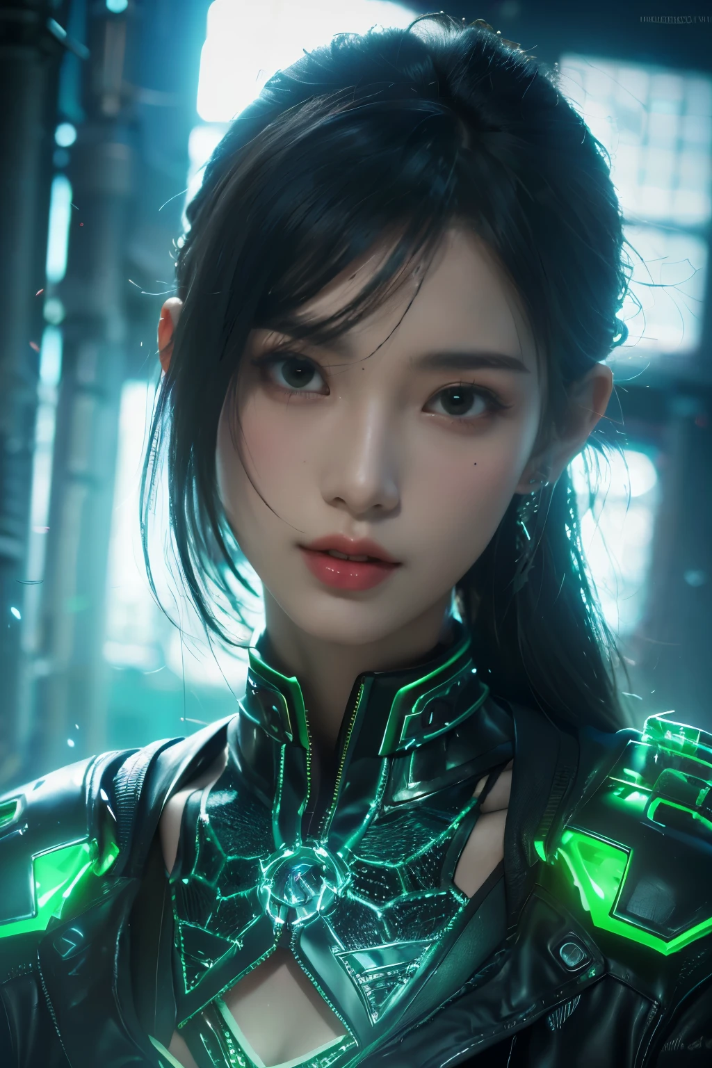tmasterpiece,Best quality,A high resolution,8K,(Portrait photograph:1.5),(ROriginal photo),real photograph,digital photography,(Combination of cyberpunk and fantasy style),(Female soldier),20 year old girl,long ponytail hair,By bangs,black color hair,(Red eyeigchest, accessories,Redlip,(He frowned,Sneer),(Cyberpunk combined with fantasy style clothing,Openwork design,joint armor,Hologram glasses,Combat uniforms,White clothes,green color),exposing your navel,Photo pose,Realisticstyle,white backgrounid,oc render reflection texture