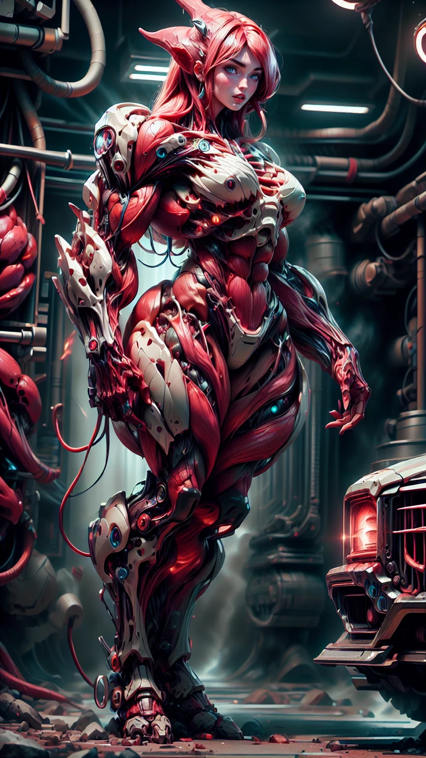 Cinematic, clear facial features and insanely detailed, the image captures the essence of (1 girl), (megan fox:1.25), (long red hair), (carnage skinless physique:1.25), (1 super muscular undead skinless succubus with gigantic horns:1.25), (covered in red necrotic rotting skinless muscle:1.25), (exposed muscles & veins everywhere:1.25), (perfect fingers:1.25) (full body pose:1.25). The color grading is beautifully done, enhancing the overall cinematic feel. Unreal Engine makes her appearance even more mesmerizing. With depth of field (DOF), every detail is focused and accentuated, drawing attention to her eyes and hair. Peak image resolution utilizing super-resolution technology ensures pixel perfection. Cinematic lighting enhances her aura, while anti-aliasing techniques like FXAA and TXAA keep the edges smooth and clean. Adding realism to the muscular bio-mecha succubus , RTX technology enables ray tracing. Additionally, SSAO (Screen Space Ambient Occlusion) gives depth and realism to the scene, the girl's presence even more convincing. In the post-processing and post-production stages, tone mapping enhances the colors, creating a captivating visual experience. The integration of CGI (Computer-Generated Imagery) and VFX (Visual Effects brings out her demonic features seamlessly . Incredible level of detail, with intricate elements meticulously crafted, the artwork hyper maximalist and hyper-realistic. Volumetric effects add depth and dimension, with unparalleled photorealism. 8k resolution rendering ensures super detailed visuals. The volumetric lighting adds a touch of magic, highlighting her beauty and aura in an otherworldly way. High Dynamic Range (HDR) tech makes the colors pop, adding richness to the overall composition. Ultimately, this artwork presents an unreal, yet stunningly real portrayal of an incredibly beautiful bio-mecha succubus girl. The sharp focus ensures that every feature is crisply defined, creating a captivating presence. (girl face:1.45)