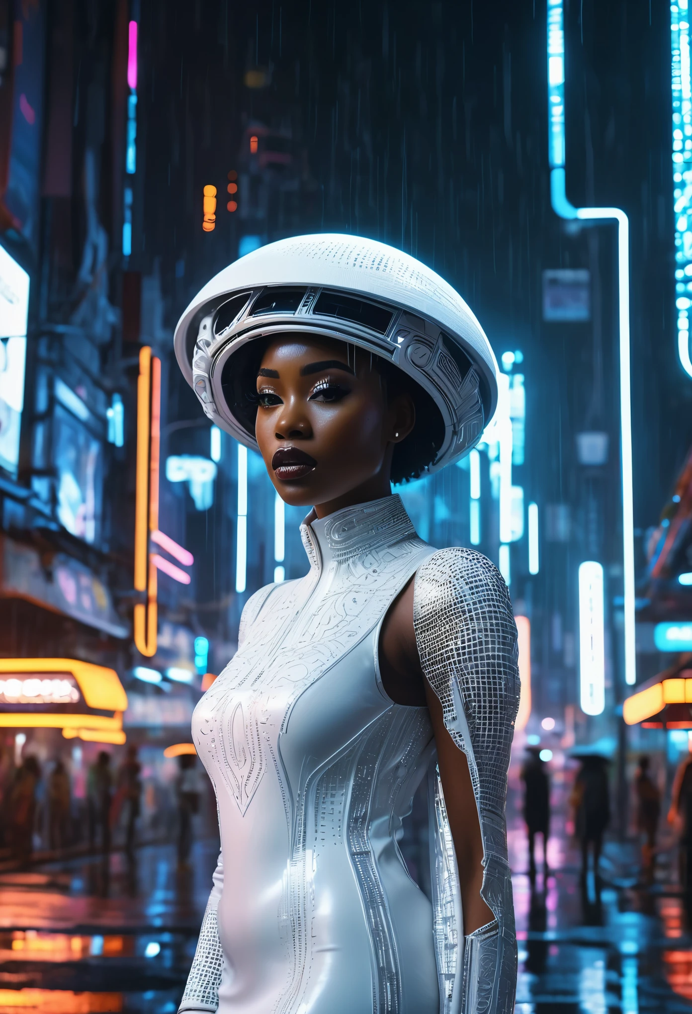 Black woman dressed in an African designed all white dress with a white hat over her head, standing in the middle of the cyber punk city, night time with neon city lights shining a medium light in the scene, rain drizzling, wet road surface with reflections of the black woman and city infrastructure, a beautiful sci-fi Afro futuristic cinematic scene that captures the essence of imagination and wonder, highly detailed and ultra HD images shot on 70mm IMAX cameras. 