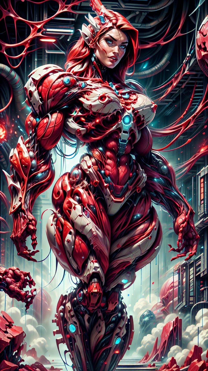 Cinematic, clear facial features and insanely detailed, the image captures the essence of (1 girl), (megan fox:1.25), (long red hair), (carnage skinless physique:1.25), (1 super muscular undead skinless succubus with gigantic horns:1.25), (covered in red necrotic rotting skinless muscle:1.25), (exposed muscles & veins everywhere:1.25), (perfect fingers:1.25) (full body pose:1.25). The color grading is beautifully done, enhancing the overall cinematic feel. Unreal Engine makes her appearance even more mesmerizing. With depth of field (DOF), every detail is focused and accentuated, drawing attention to her eyes and hair. Peak image resolution utilizing super-resolution technology ensures pixel perfection. Cinematic lighting enhances her aura, while anti-aliasing techniques like FXAA and TXAA keep the edges smooth and clean. Adding realism to the muscular bio-mecha succubus , RTX technology enables ray tracing. Additionally, SSAO (Screen Space Ambient Occlusion) gives depth and realism to the scene, the girl's presence even more convincing. In the post-processing and post-production stages, tone mapping enhances the colors, creating a captivating visual experience. The integration of CGI (Computer-Generated Imagery) and VFX (Visual Effects brings out her demonic features seamlessly . Incredible level of detail, with intricate elements meticulously crafted, the artwork hyper maximalist and hyper-realistic. Volumetric effects add depth and dimension, with unparalleled photorealism. 8k resolution rendering ensures super detailed visuals. The volumetric lighting adds a touch of magic, highlighting her beauty and aura in an otherworldly way. High Dynamic Range (HDR) tech makes the colors pop, adding richness to the overall composition. Ultimately, this artwork presents an unreal, yet stunningly real portrayal of an incredibly beautiful bio-mecha succubus girl. The sharp focus ensures that every feature is crisply defined, creating a captivating presence. (girl face:1.45)
