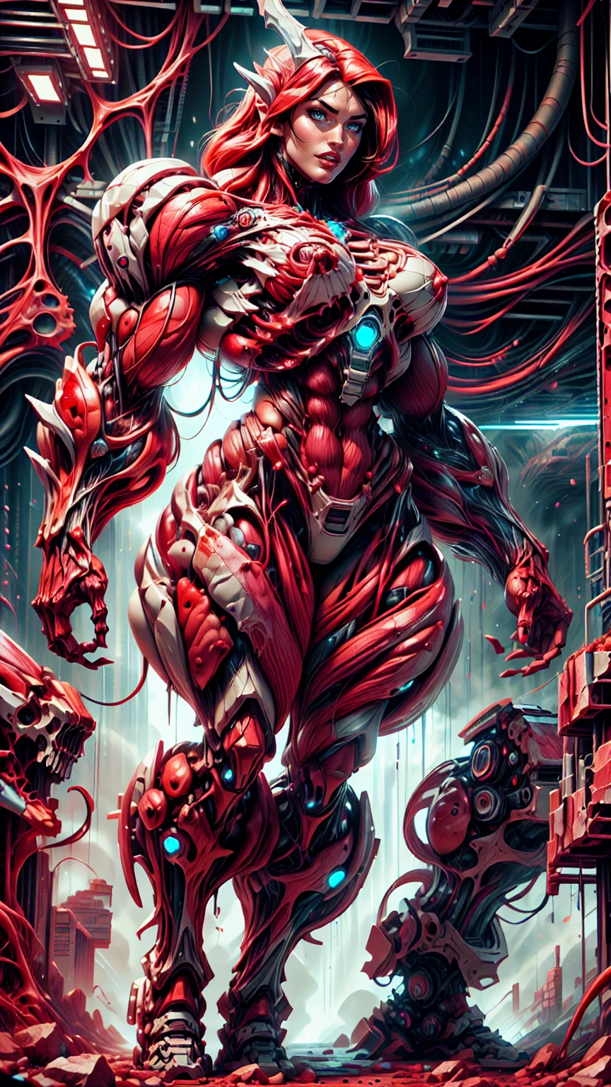 Cinematic, clear facial features and insanely detailed, the image captures the essence of (1 girl), (megan fox:1.25), (long red hair), (carnage skinless physique:1.25), (1 super muscular undead skinless succubus with gigantic horns:1.25), (covered in red necrotic rotting skinless muscle:1.25), (exposed muscles & veins everywhere:1.25), (perfect fingers:1.25) (full body pose:1.25). The color grading is beautifully done, enhancing the overall cinematic feel. Unreal Engine makes her appearance even more mesmerizing. With depth of field (DOF), every detail is focused and accentuated, drawing attention to her eyes and hair. Peak image resolution utilizing super-resolution technology ensures pixel perfection. Cinematic lighting enhances her aura, while anti-aliasing techniques like FXAA and TXAA keep the edges smooth and clean. Adding realism to the muscular bio-mecha succubus , RTX technology enables ray tracing. Additionally, SSAO (Screen Space Ambient Occlusion) gives depth and realism to the scene, the girl's presence even more convincing. In the post-processing and post-production stages, tone mapping enhances the colors, creating a captivating visual experience. The integration of CGI (Computer-Generated Imagery) and VFX (Visual Effects brings out her demonic features seamlessly . Incredible level of detail, with intricate elements meticulously crafted, the artwork hyper maximalist and hyper-realistic. Volumetric effects add depth and dimension, with unparalleled photorealism. 8k resolution rendering ensures super detailed visuals. The volumetric lighting adds a touch of magic, highlighting her beauty and aura in an otherworldly way. High Dynamic Range (HDR) tech makes the colors pop, adding richness to the overall composition. Ultimately, this artwork presents an unreal, yet stunningly real portrayal of an incredibly beautiful bio-mecha succubus girl. The sharp focus ensures that every feature is crisply defined, creating a captivating presence. (girl face:1.45)