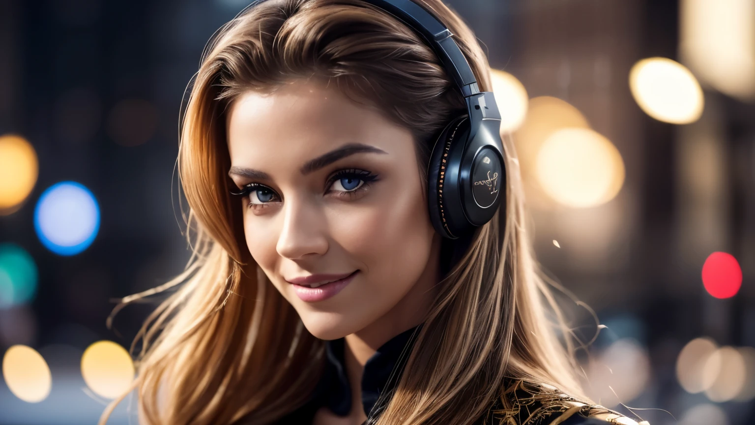 Girl, ((Film grain, bokeh, light particles ,Dust, Extreme camera angle)), (Best Quality,4k,hight resolution:1.2),Ultra-detailed,Realistic,Portrait,black & Gold Palette,Long flowing golden hairstyle, ((Red detailed eyes)), Vampire Liquids,radiant lighting,Detailed facial features,Dark background,Single man,in a black suit, Makeup artists do makeup for celebritieasterpiece:1.2), Best Quality, Masterpiece, hight resolution, Original, extremely detailed wallpaper, perfect  lighting,(extremely detailed CGI:1.2), headphone, Madison Square New York, Traffic jam, headphone, smile, smile, smile