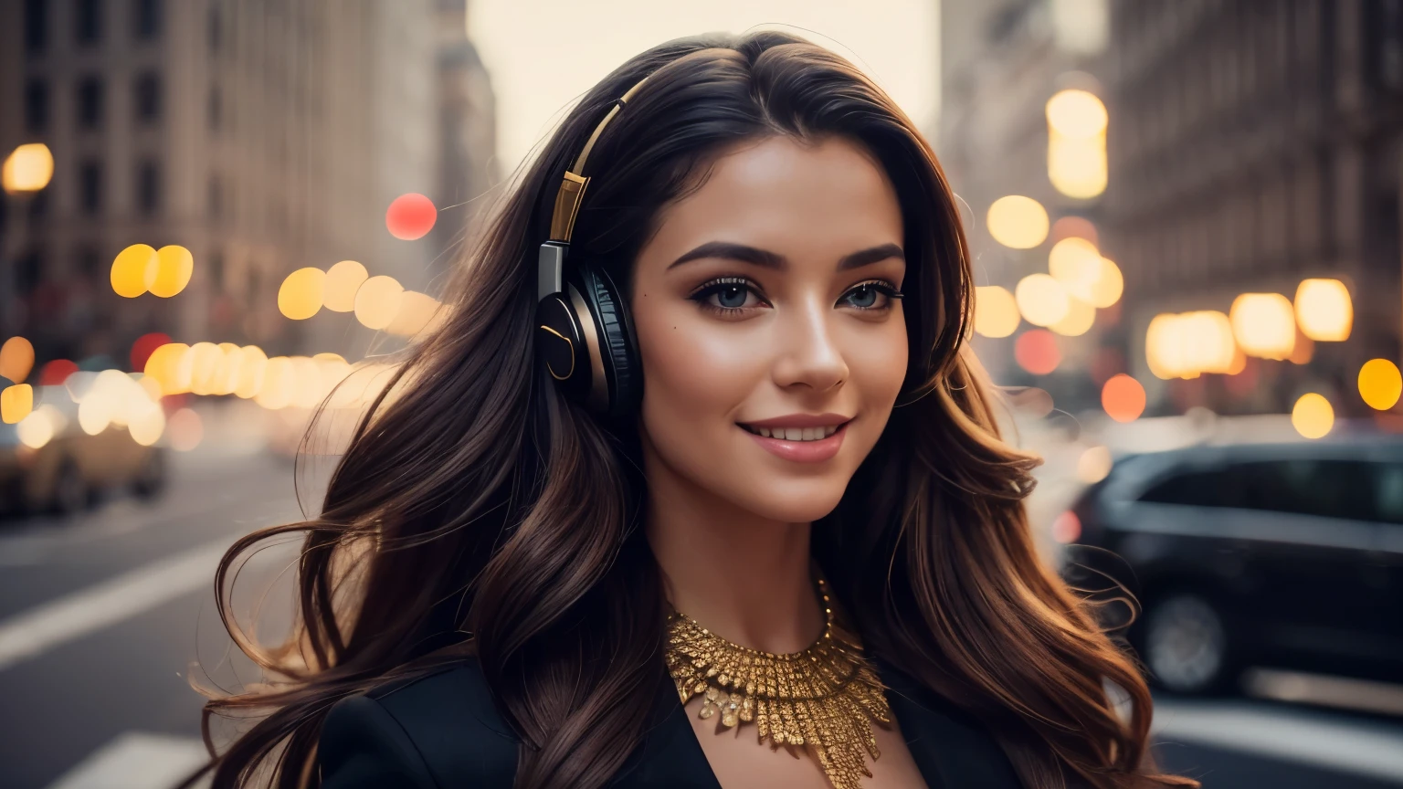 Girl, ((Film grain, bokeh, light particles ,Dust, Extreme camera angle)), (Best Quality,4k,hight resolution:1.2),Ultra-detailed,Realistic,Portrait,black & Gold Palette,Long flowing golden hairstyle, ((Red detailed eyes)), Vampire Liquids,radiant lighting,Detailed facial features,Dark background,Single man,in a black suit, Makeup artists do makeup for celebritieasterpiece:1.2), Best Quality, Masterpiece, hight resolution, Original, extremely detailed wallpaper, perfect lighting,(extremely detailed CGI:1.2), headphone, Madison Square New York, Traffic jam, headphone, smile, smile, smile