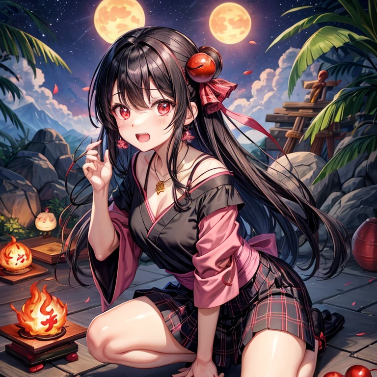 Pink-black hair、red eyes、one good looking girl、solo、anime、plaid mini skirt、black camisole、black t-shirt、kimono、wearing a ribbon、ribbon at waist、stone slabs are piled up、crystal earrings、jewelry necklace、Light and shadow、clock、universe、vine plant、petal、tilting one's face、teeth are visible、fire spirit、book of magic、Cube、bamboo forest、lava、Plum blossom、squatting down、Have a kokeshi、moonlight