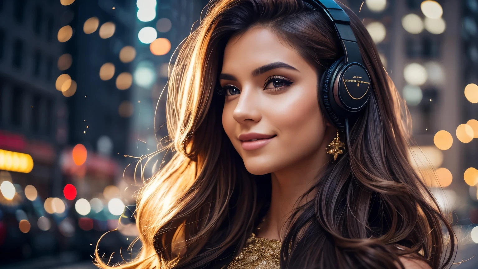 Girl, ((Film grain, bokeh, light particles ,Dust, Extreme camera angle)), (Best Quality,4k,hight resolution:1.2),Ultra-detailed,Realistic,Portrait,black & Gold Palette,Long flowing golden hairstyle, ((Red detailed eyes)), Vampire Liquids,radiant lighting,Detailed facial features,Dark background,Single man,in a black suit, Makeup artists do makeup for celebritieasterpiece:1.2), Best Quality, Masterpiece, hight resolution, Original, extremely detailed wallpaper, perfect lighting,(extremely detailed CGI:1.2), headphone, Madison Square New York, Traffic jam, headphone, smile, smile, smile, headphone, headphone