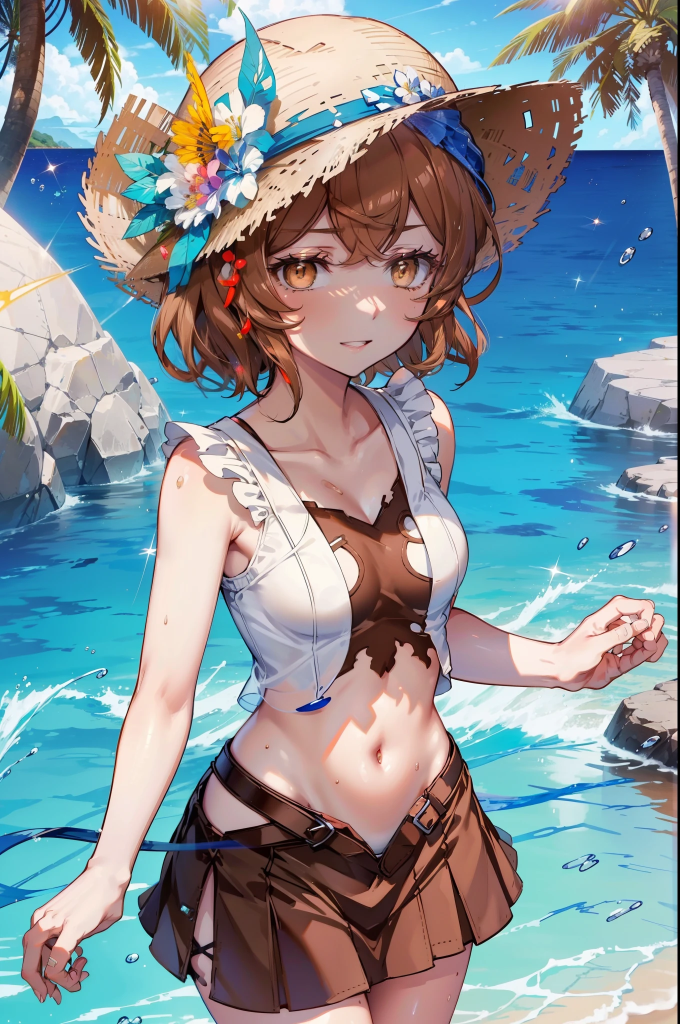 Lililukarde, Liliruka gets burned, (brown eyes:1.7), brown hair,short hair, (small breasts:1.2), short hair,happy smile, smile, open your mouth,big straw hat,white sleeveless dress,bare arms,put both arms behind one's back,long skirt,Cute Sandals,Light of the sun,Palm tree,Breaking the sandy beach looking at viewer,Breaking the upper body outdoors, beach
break (masterpiece:1.2), highest quality, High resolution, unity 8k wallpaper, (figure:0.8), (detailed and beautiful eyes:1.6), highly detailed face, perfect lighting, Very detailed CG, (perfect hands, perfect anatomy),