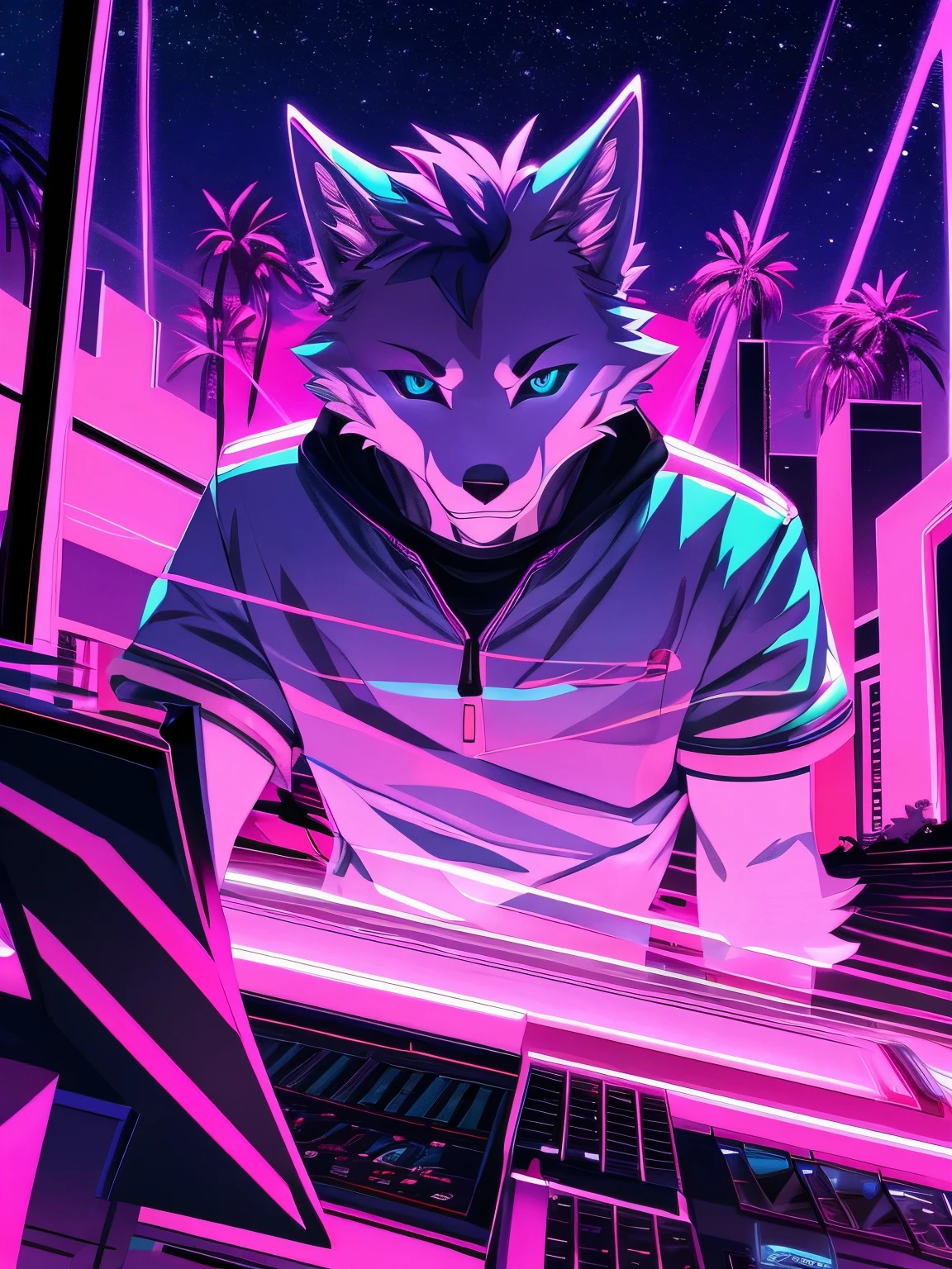 furry, male, anthro, (wolf Tail), Solo, Blue eyes, (Realistic eye details:1.2), (beautiful detailed eyes), anime characters style picture of a wolf man playing a video game in a room with a video game, jen bartel, outrun art style, [ synthwave art style ], [ synthwave art style ]!!, synthwave art style ]!!, art deco outrun anime aesthestic, outrun style, synthwave art style, synthwave art, epic retrowave art, lofi artstyle, anime style 4 k, inspired by Liam Wong, anime style. 8k, 4k anime wallpaper, anime art wallpaper 8 k, 2 d art, 2d art, badass anime 8 k, by Yuumei, anime art wallpaper 4k, full body like, slim body, in a panoramic view, good looking