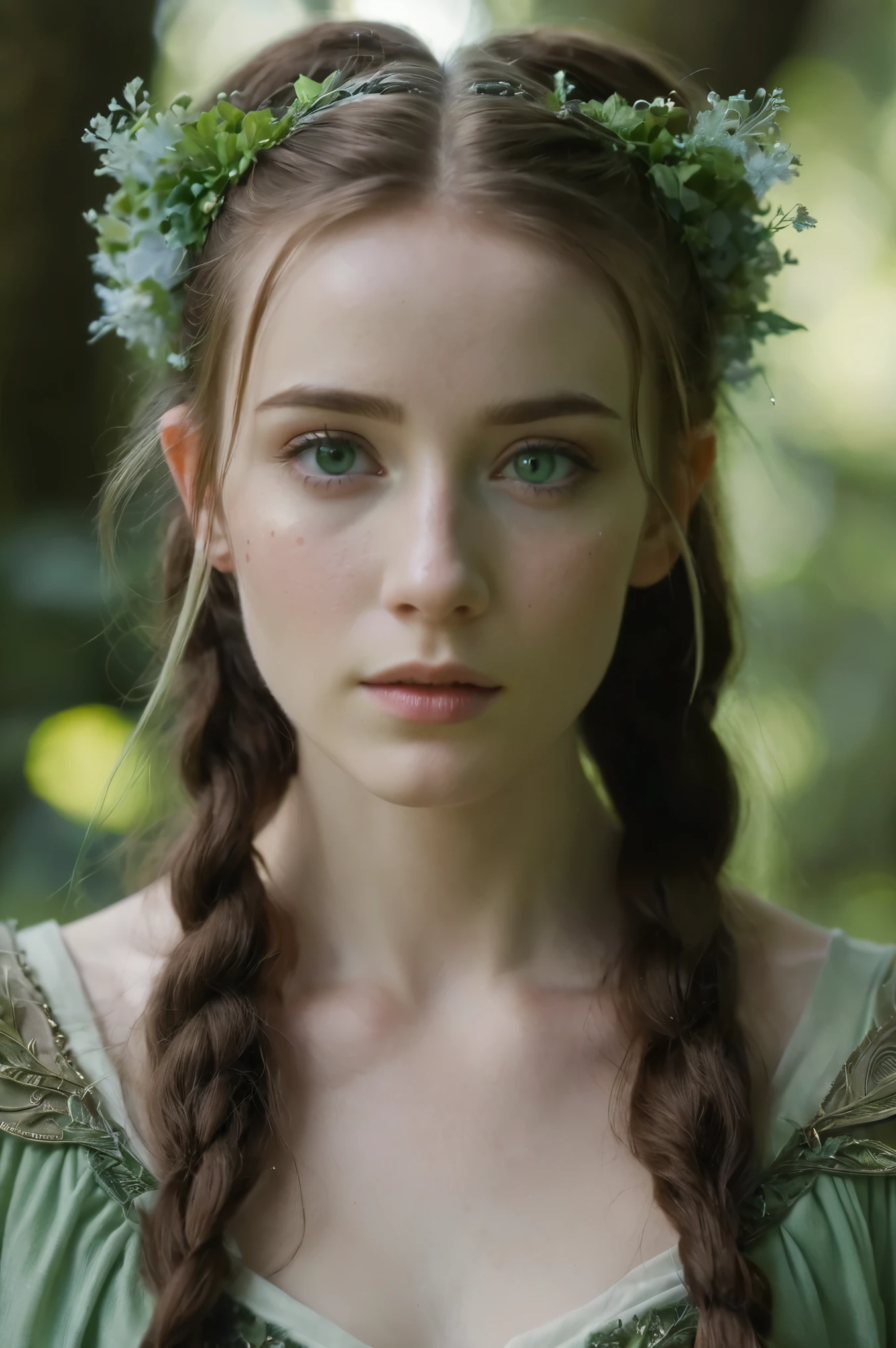 macro shot of a beautiful young woman as elven princess in dryad glade, zavy-cnmtc, atmospheric haze, dynamic lighting, cinematic still, pale skin, movie screencap, (freckles), contemplative, smirk, piercing green eyes, high ponytail, extremely long hair, sleek hair, white hair, portrait, dynamic pose, 100mm f/2.8 macro lens, sleek hair,