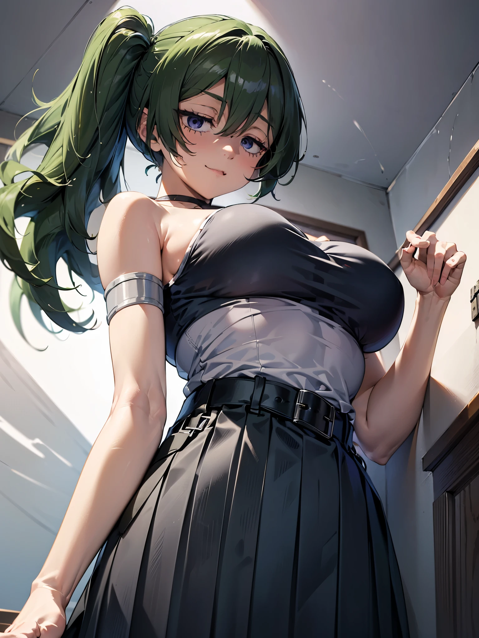 (original character, unity 16K wallpaper, masterpiece, best quality, ultra-detailed, extremely detailed cg, caustics, cinematic lighting, beautiful detailed eyes, solo, sexy woman), detailed body, perfect anatomy, expressive eyes, perfect face, a drawing of a girl with a ponytail, breasts squeezed agaist bed, beautiful anime girl lying on stomach, leaning forward, (seen from front), (seen from below:1.3), side view, seductive anime girl, wearing black onsieskirt, cool pose, dynamic pose, anime style, anime artstyle, the anime girl is lying down, pigtail, clean detailed anime art, in an anime style, beautiful anime art style. simple background, Medieval background ,bedroom background, fantasy background ,atmospheric background.