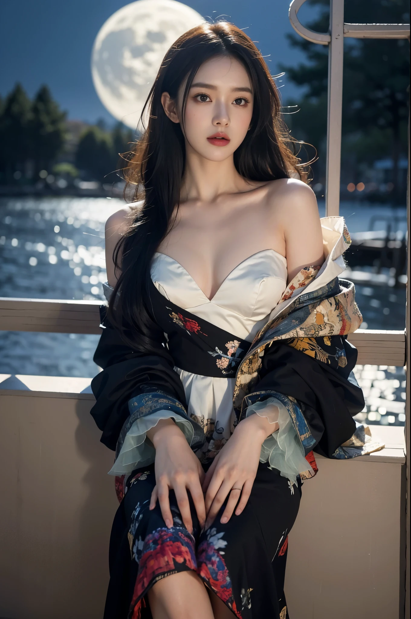 ((yushuxin,1girl,solo)), A very beautiful woman, plump slim woman, correct limbs, right hand, in the darkness, float的,water,float, night, night view, moonlight, antique buildings, bamboo huts, plant, Soaked all over, wet hair, pretty face, masterpiece, original photo, best quality, detail, lifelike, Very detailed, official art, (extremely beautiful face, beautiful lips, Nice big eyes), detail的脸, A plump chest, cleavage, Slender sexy legs, Leaking legs, Very nice legs, sexy pose, grace, bright smile, Show off your exquisite figure and graceful curves, Ray tracing